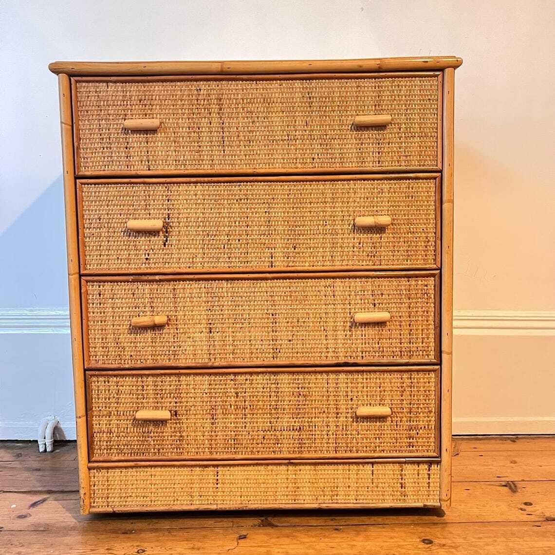 Vintage Wicker 4 Drawer Chest Of Drawers With Gallery Top