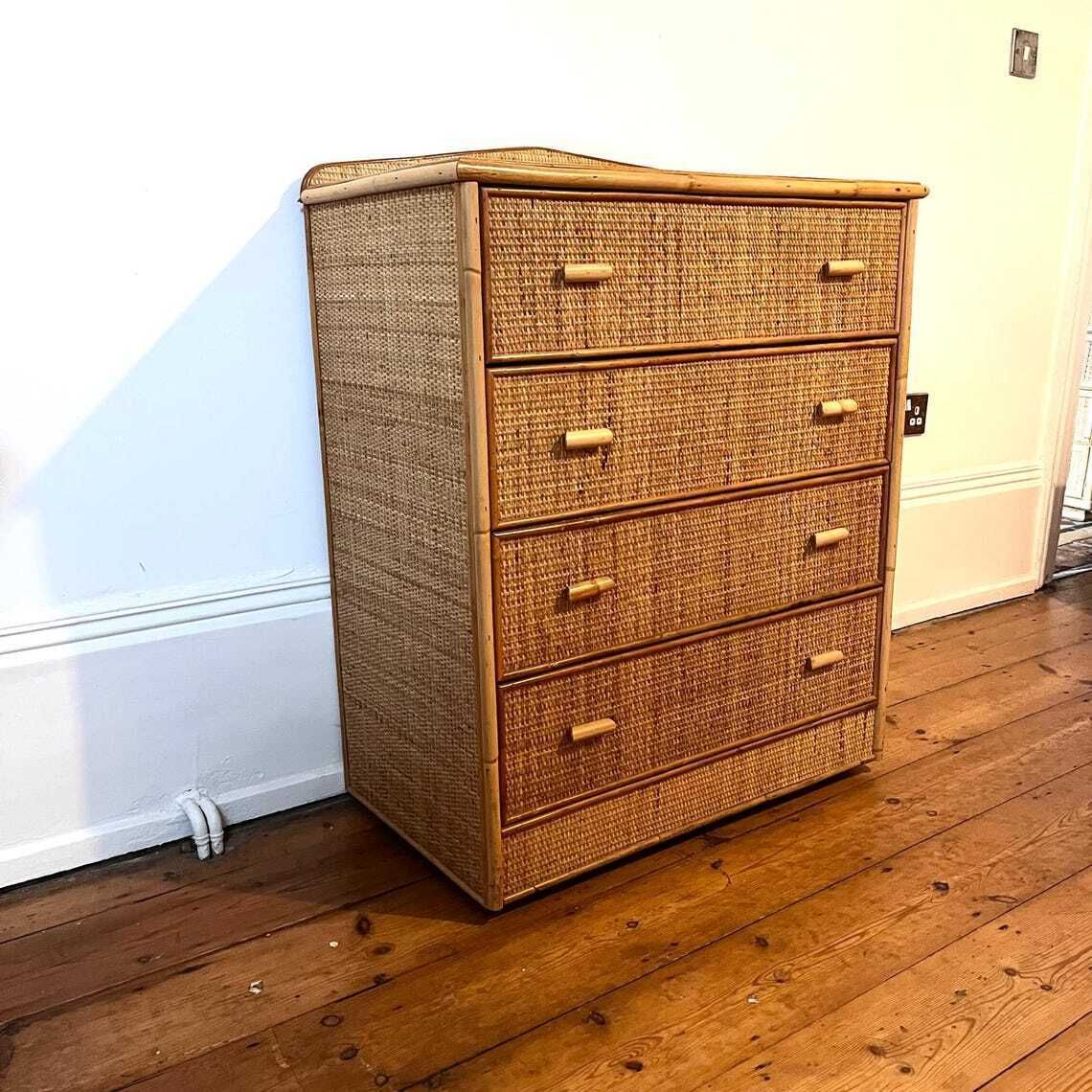 Vintage Wicker 4 Drawer Chest Of Drawers With Gallery Top photo vinterior