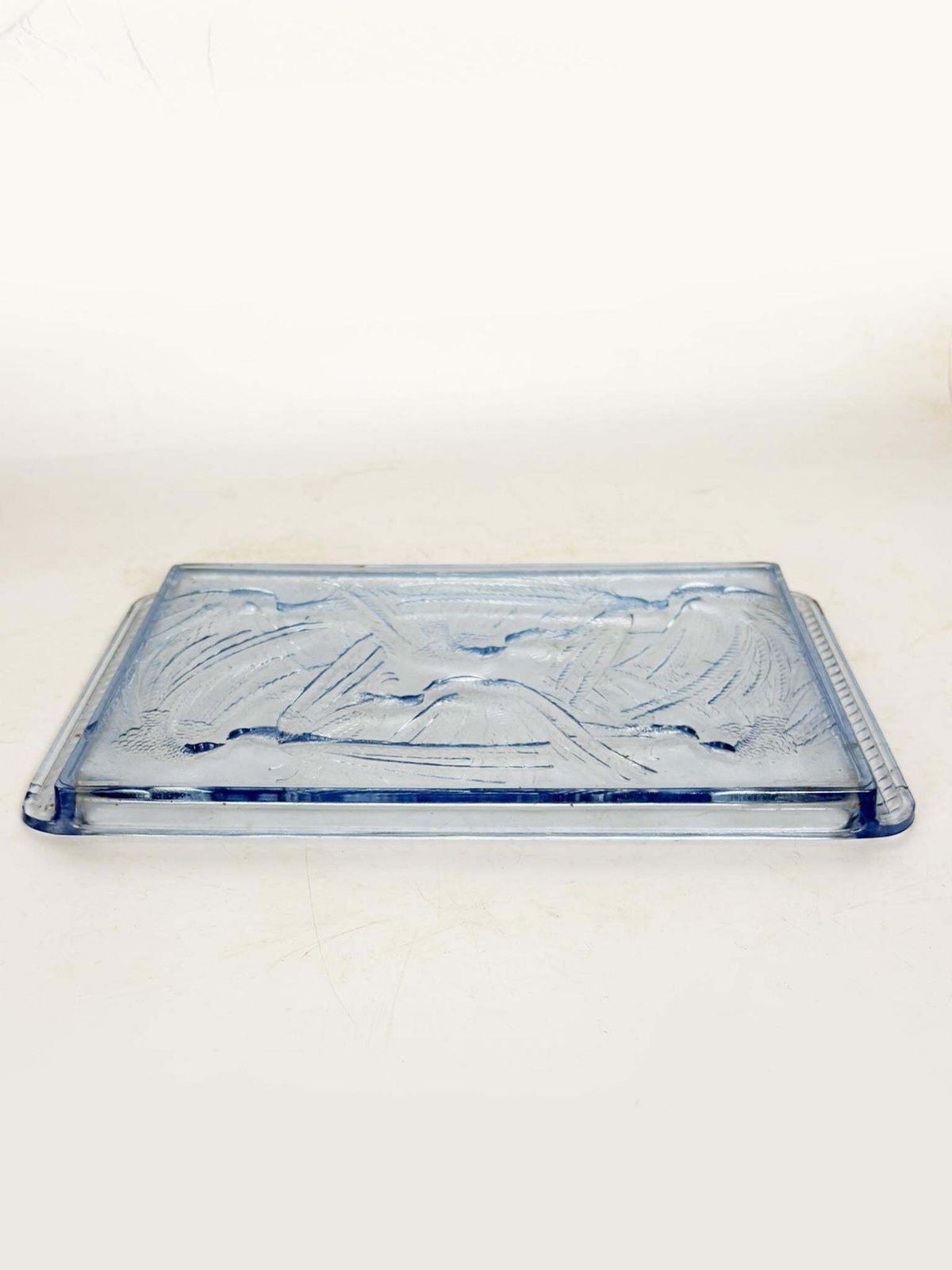 Blue Glass Tray, Art Deco Style With Bird Motif, France, 1940 photo vintage