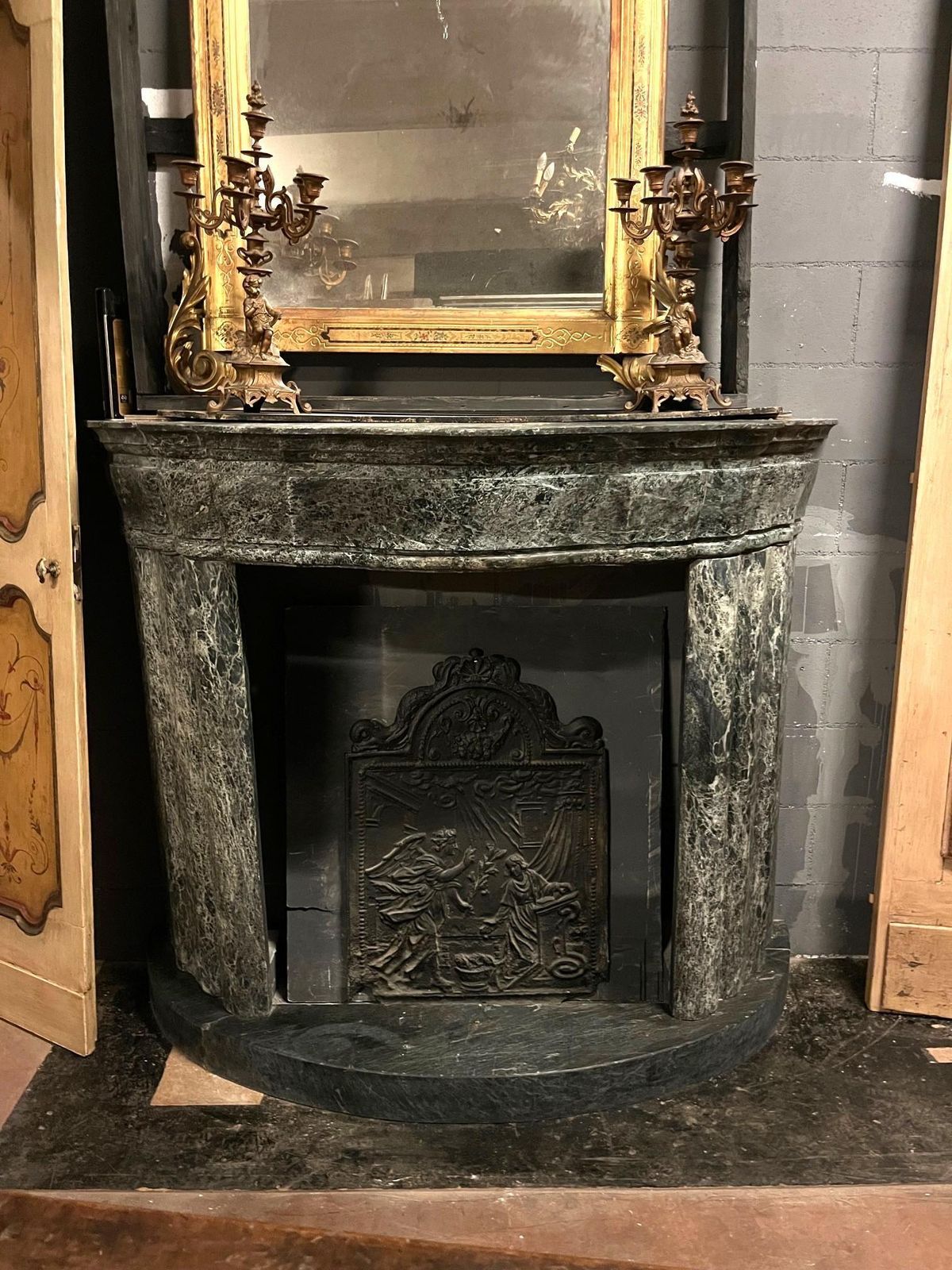 Green Alps Marble Fireplace, Carved Art Deco And Complete With Base, Italy photo for sale