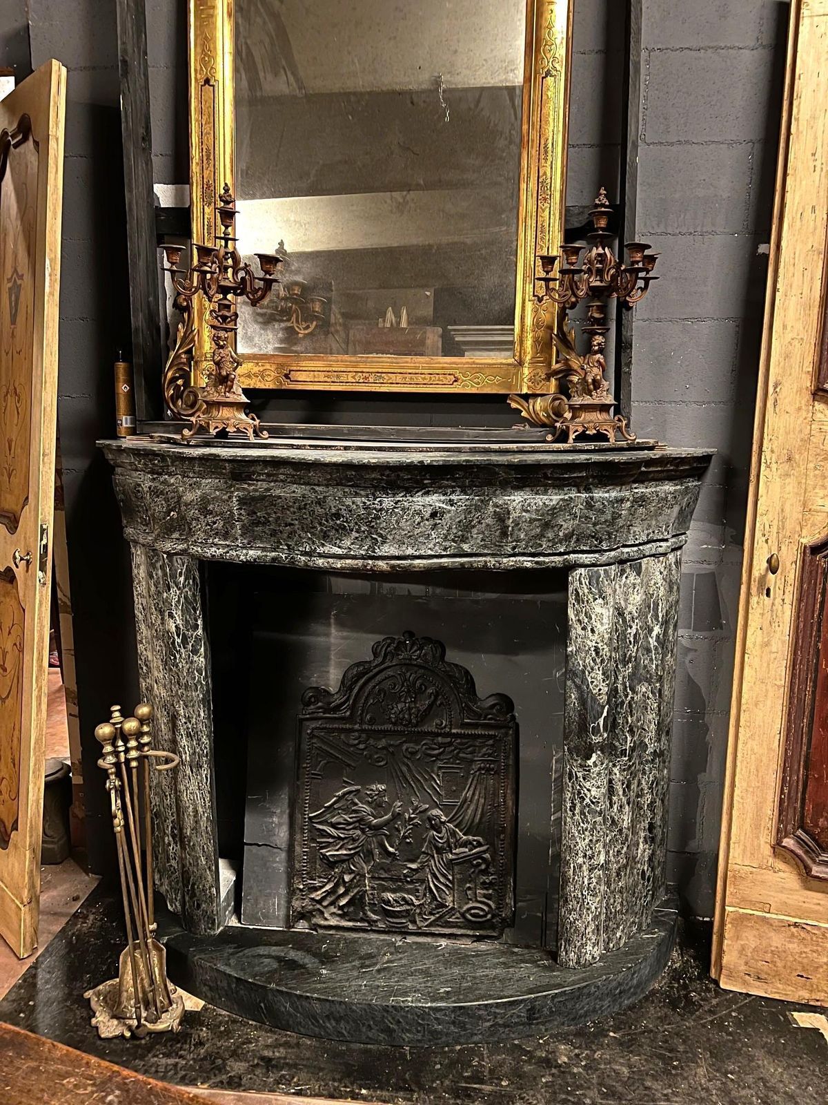 Green Alps Marble Fireplace, Carved Art Deco And Complete With Base, Italy photo vinterior