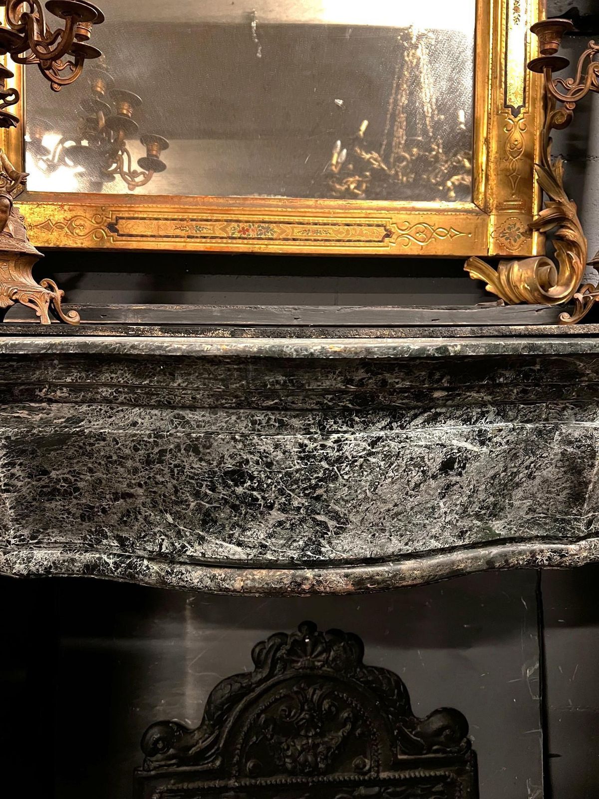 photo furniture Green Alps Marble Fireplace, Carved Art Deco And Complete With Base, Italy