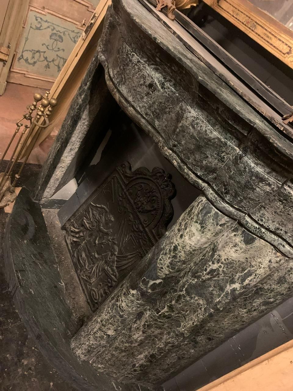 7113.0 Green Alps Marble Fireplace, Carved Art Deco And Complete With Base, Italy photo