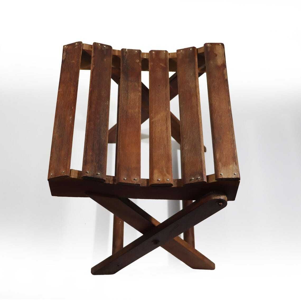 Furniture French Wooden Folding Stool With Slats, 1930s Footstool photo