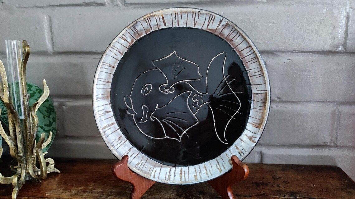 Mid Century Ceramic Decorative Plate Fish Design, Atelier Cerenne Vallauris photo for sale