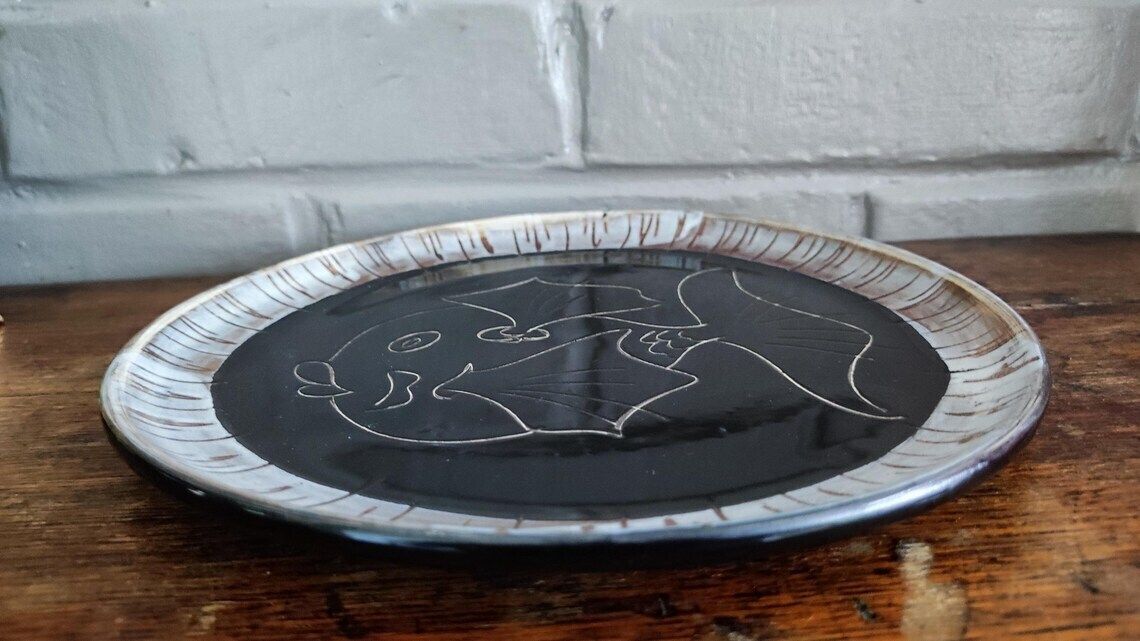 photo furniture Mid Century Ceramic Decorative Plate Fish Design, Atelier Cerenne Vallauris
