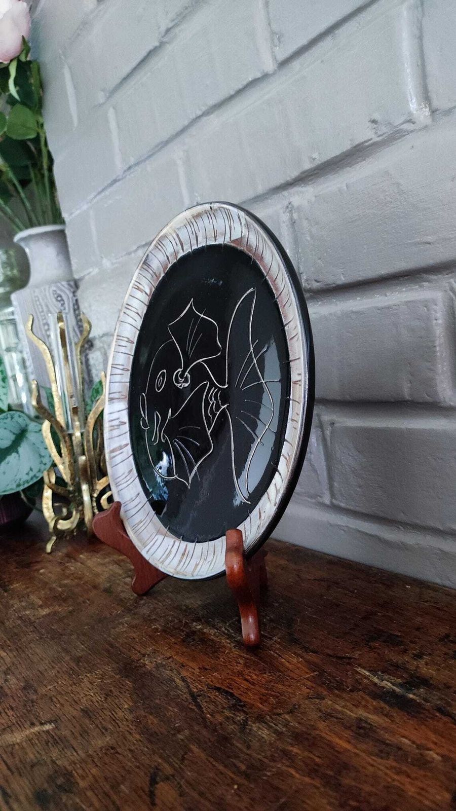 photo vintage Mid Century Ceramic Decorative Plate Fish Design, Atelier Cerenne Vallauris