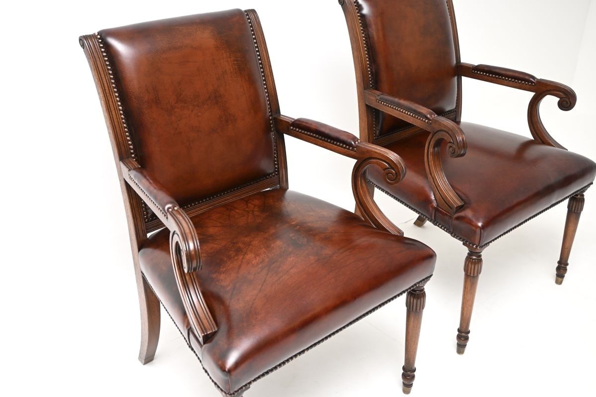 Pair Of Antique Georgian Style Leather And Mahogany Armchairs photo for sale