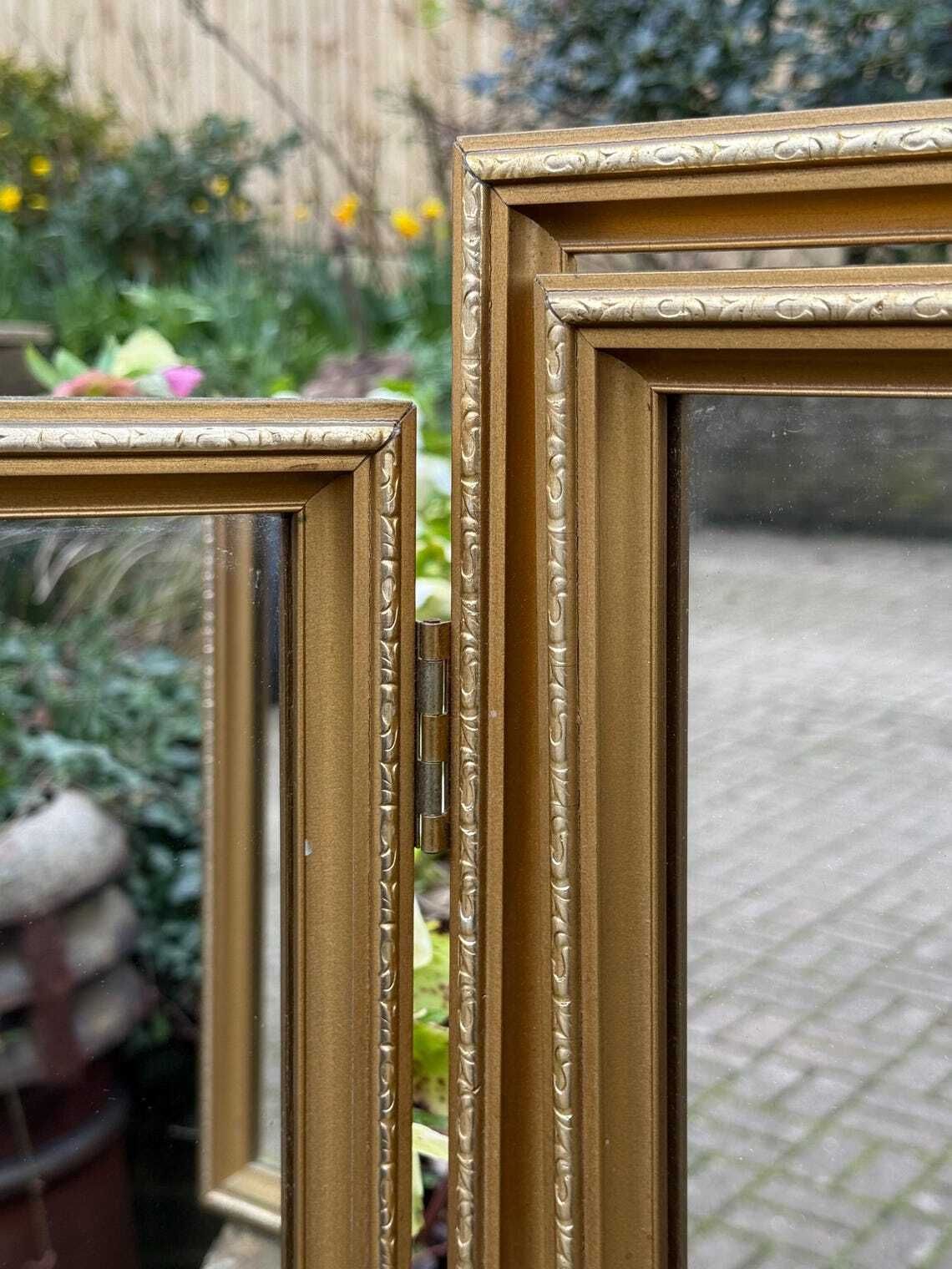 Quality Original Vintage 1970s Gold Triple Dressing Table Mirror Ornate Folding Vanity Mirror photo vinterior