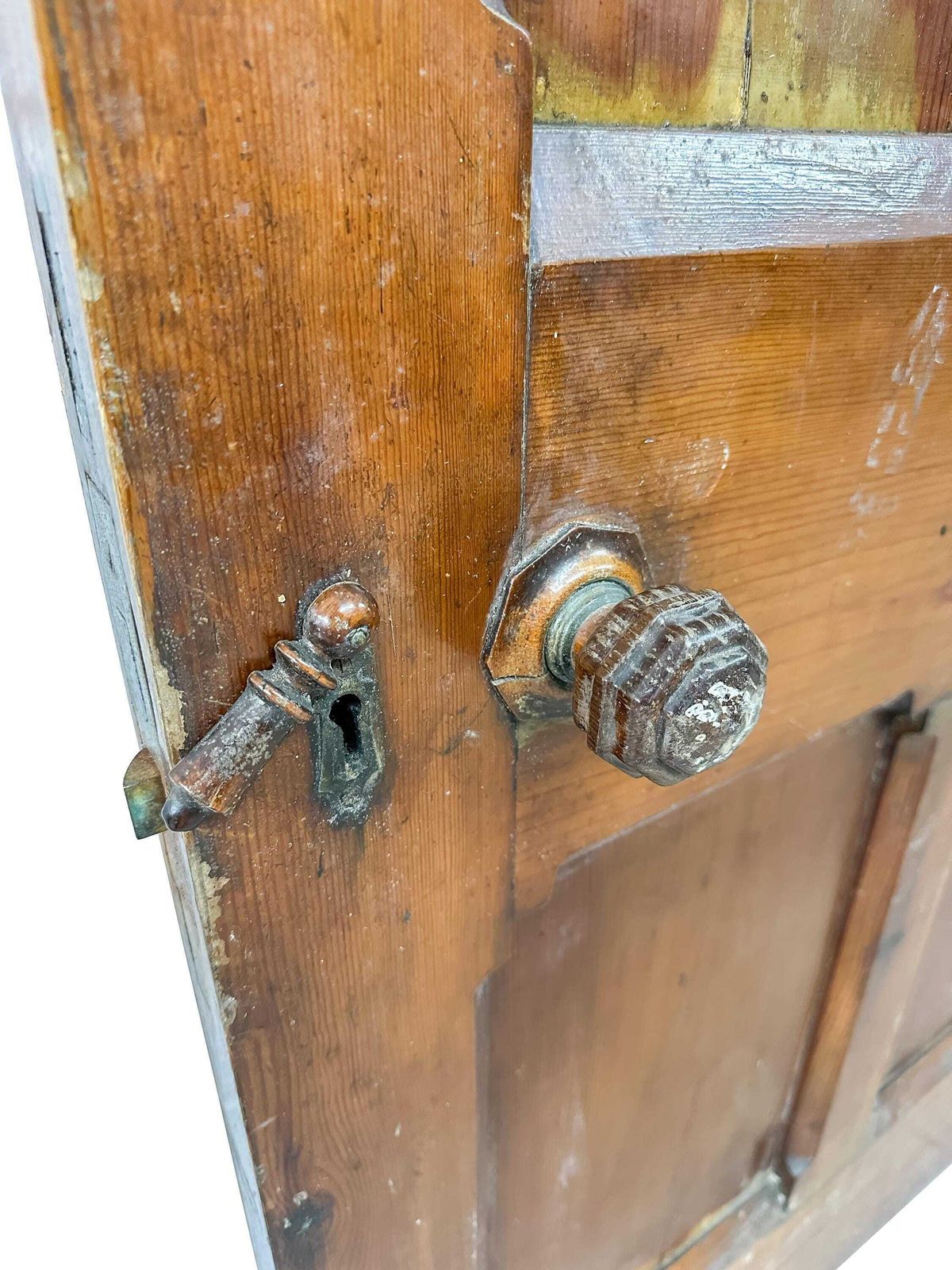245.0 Victorian 6 Panel Pitch Pine Door With Arch & Original Carved Handles   Gothic Revival 19th Century photo