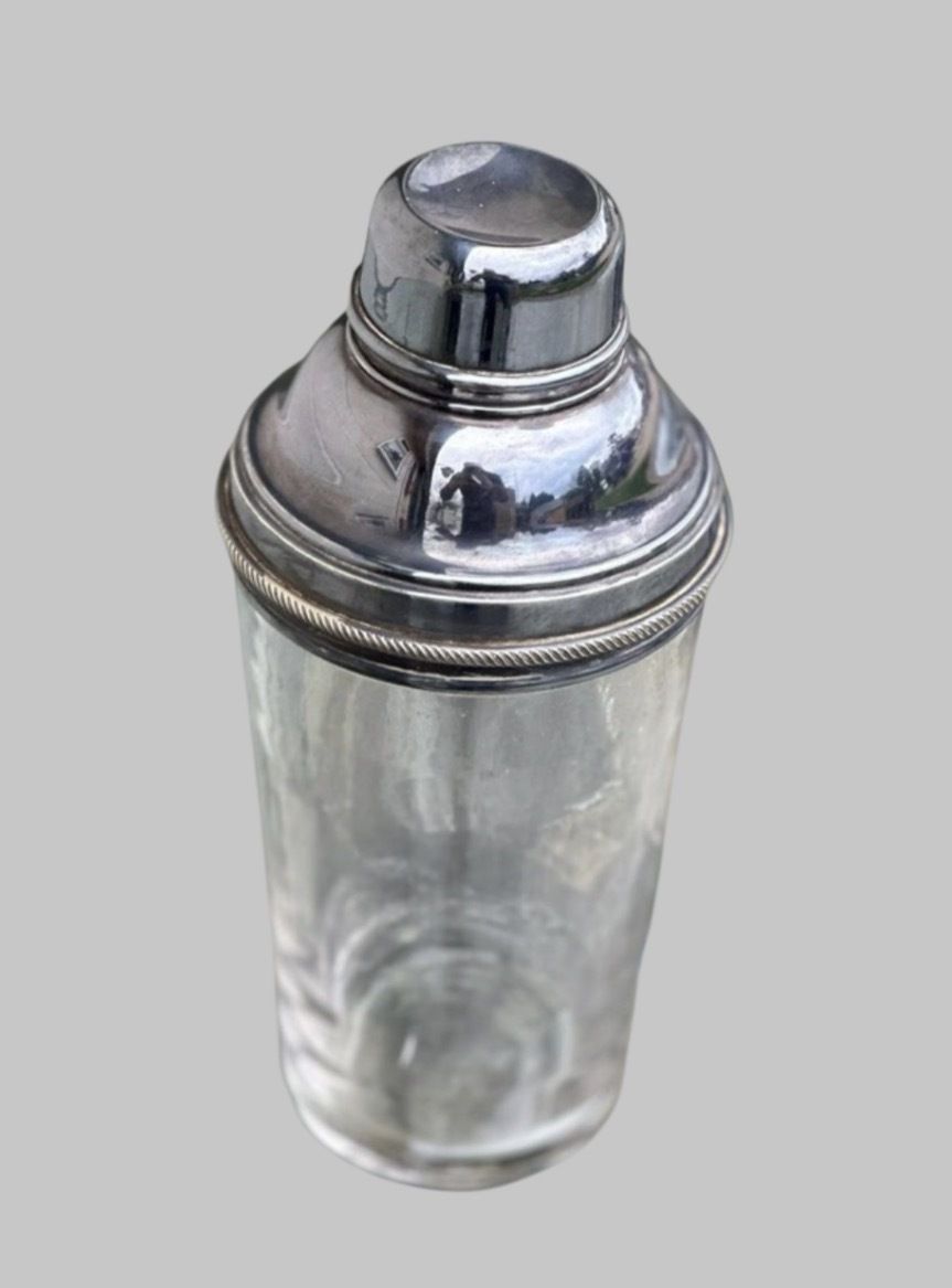 James Dixon & Sons Art Deco Style Silver Plated & Etched Glass Cocktail Shaker photo for sale
