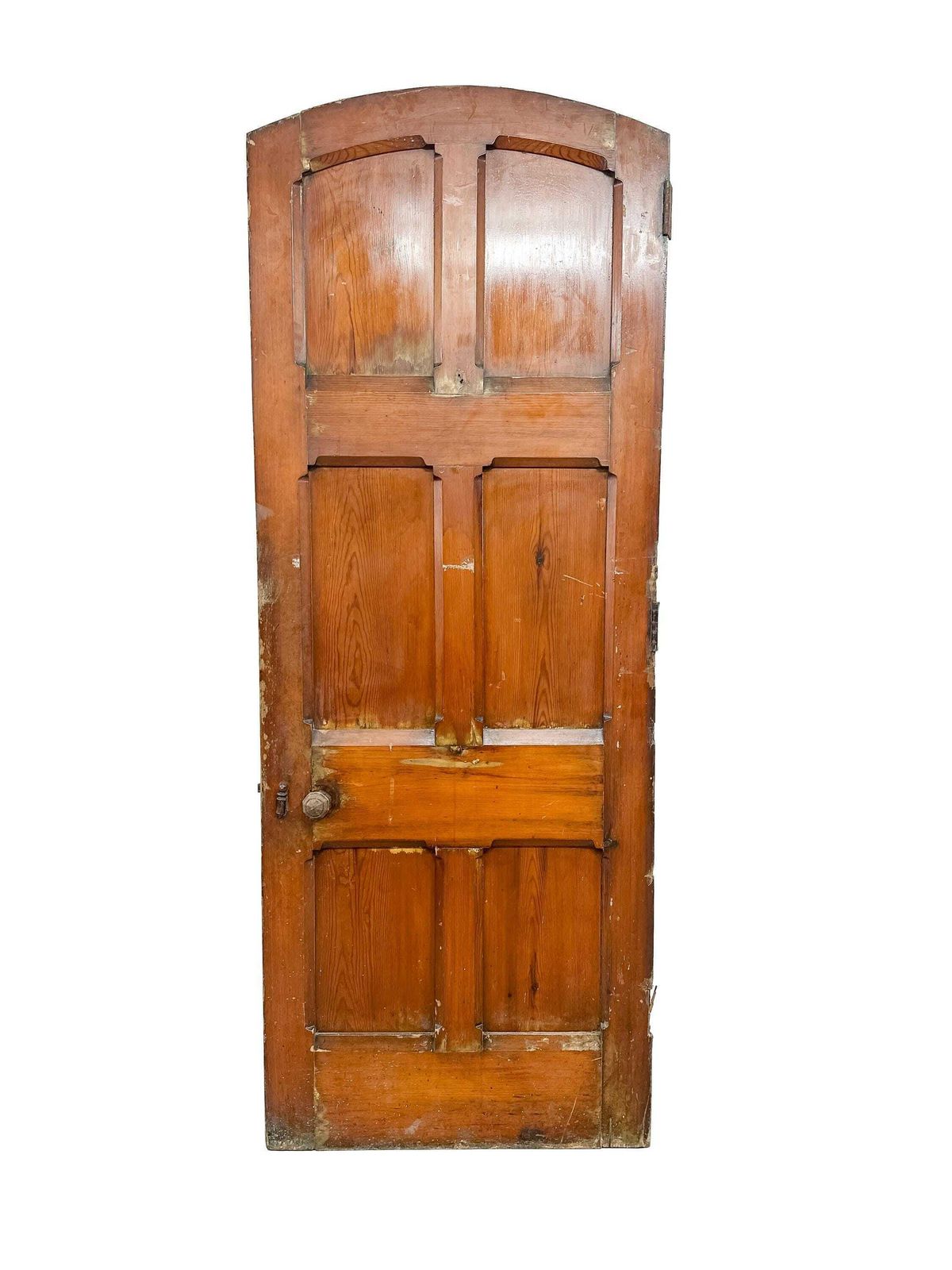 Victorian 6 Panel Pitch Pine Door W/ Arch & Carved Handles Gothic Revival 19th Century photo vinterior