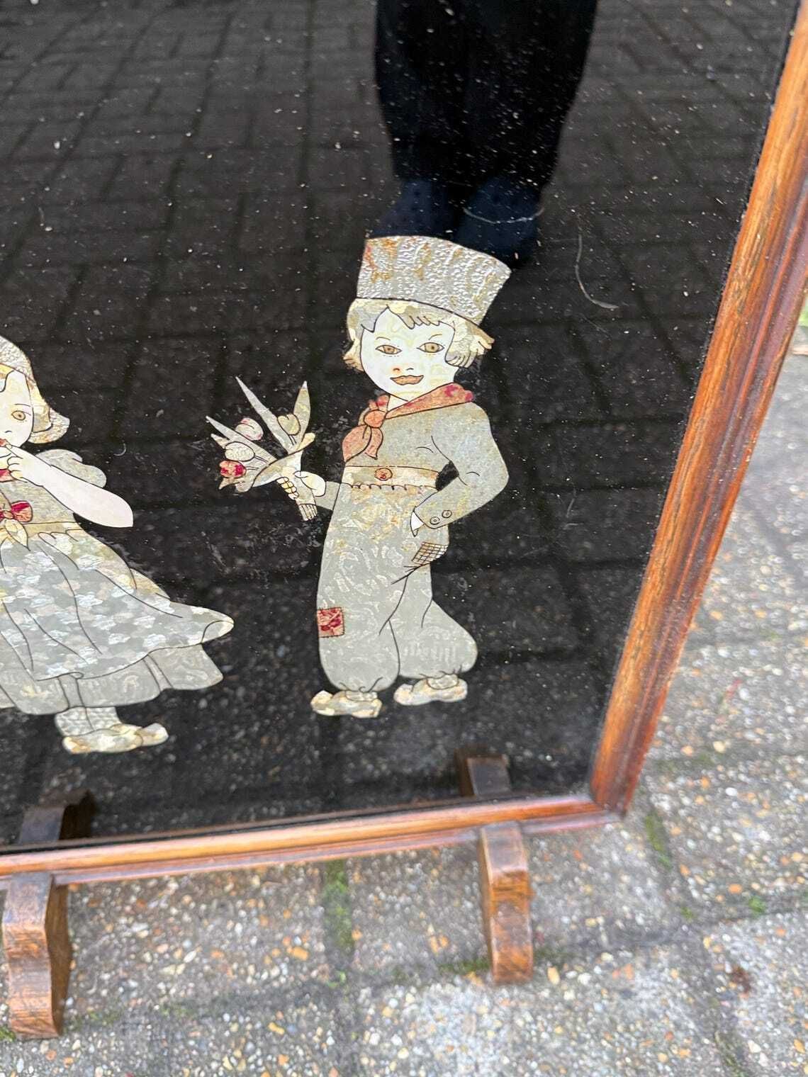 Antique 1920s Art Deco Black Lacquer Firescreen With Foil Appliqué Children, Vintage Fire Screen photo vinterior