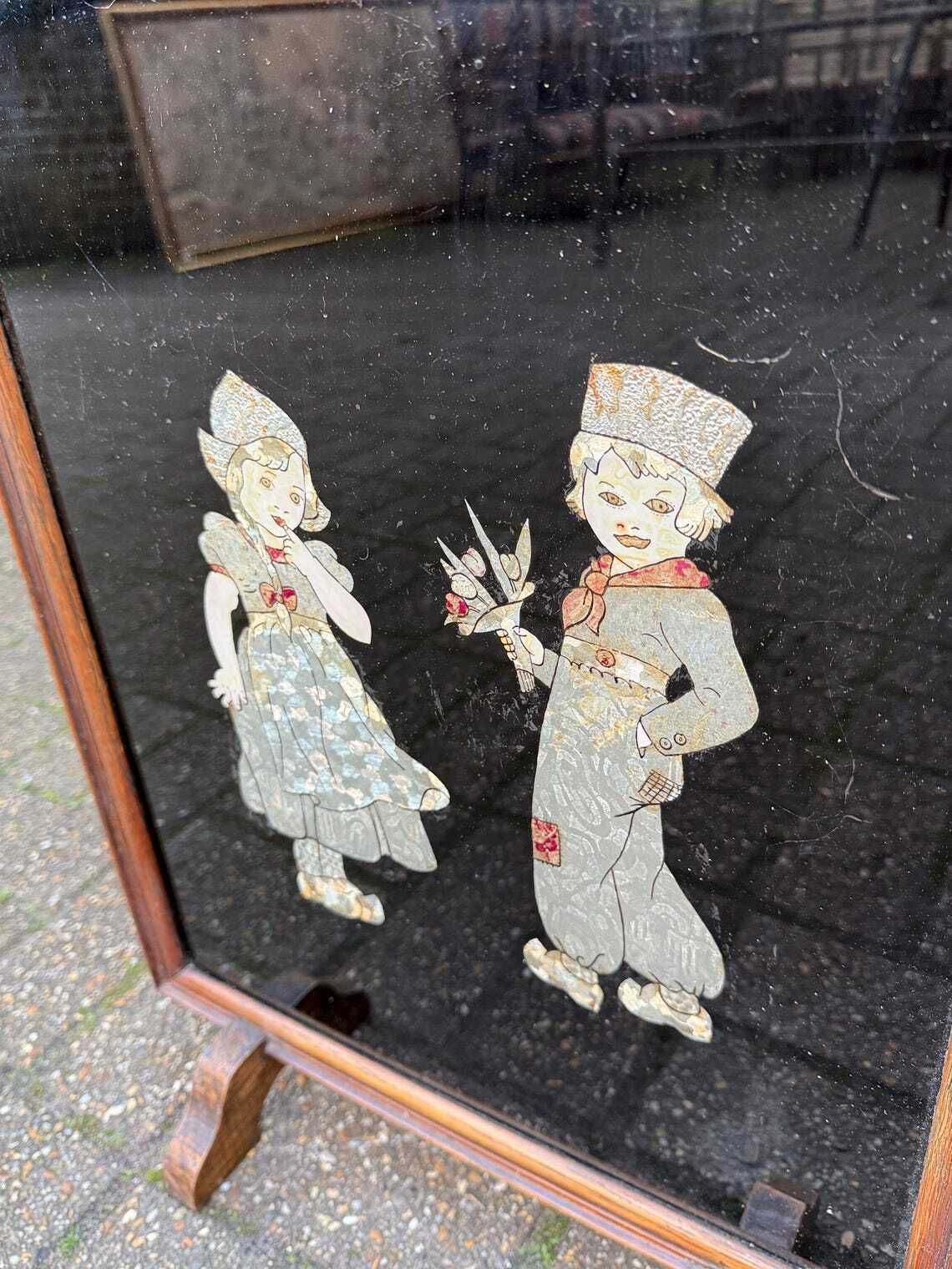 Antique 1920s Art Deco Black Lacquer Firescreen With Foil Appliqué Children, Vintage Fire Screen photo vintage