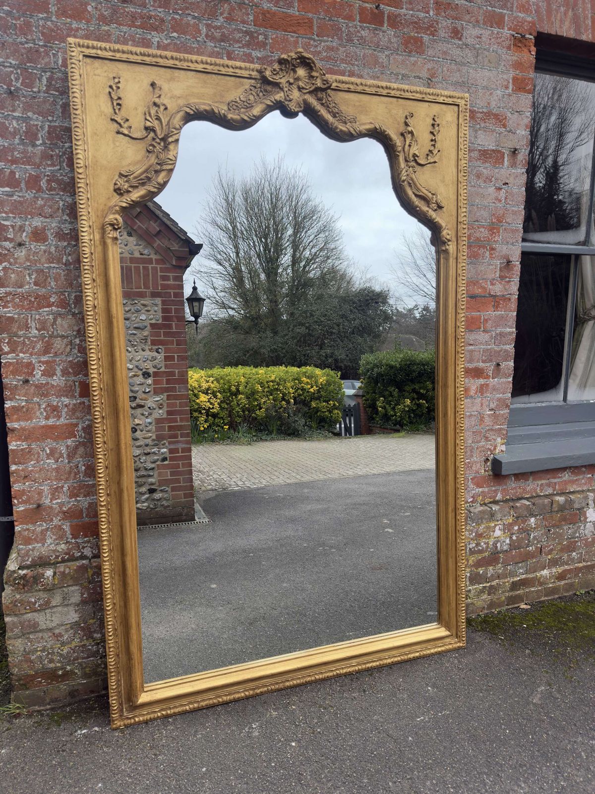An Exceptional Large Antique English 19th C Shape Top Framed Gilt Mirror.
