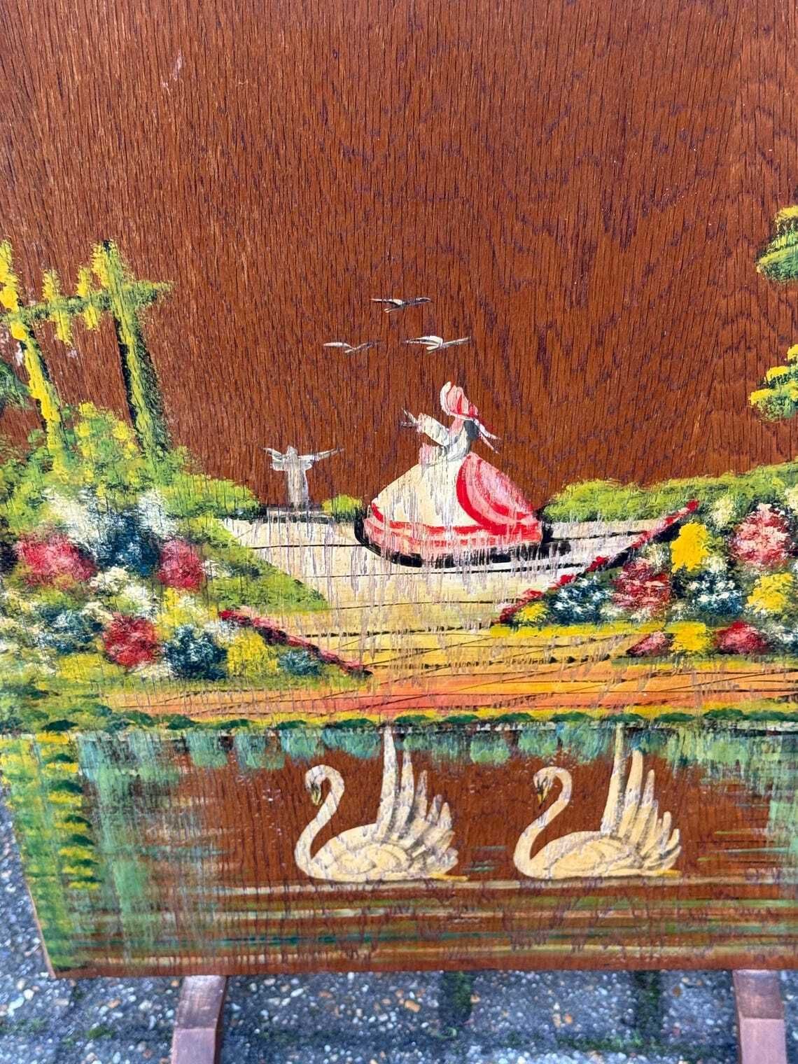 photo furniture Vintage 1940s Hand Painted Wooden Firescreen With Romantic Garden Scene, Fire Guard