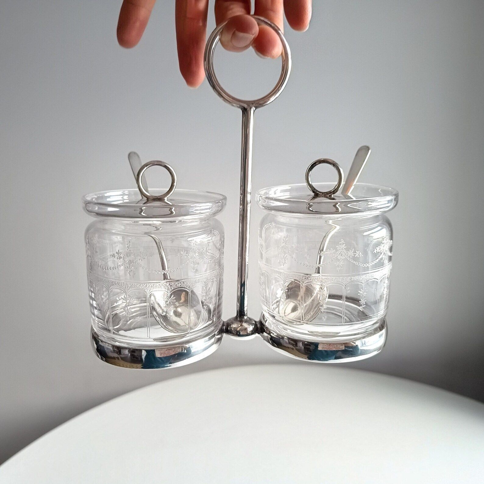 Home Decor Vintage Hukin & Heath Silver Plate Double Jar Handled Serving Cruet: Stuart Crystal, C 1900 photo