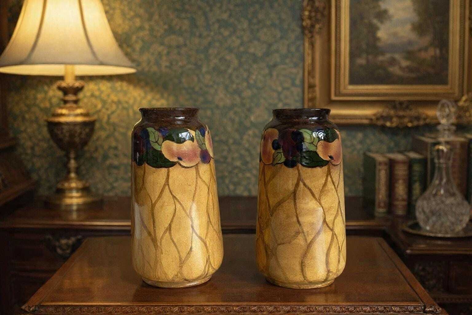 165.0 Antique Pair Of Royal Stanley Vases – Hand Painted Art Deco Jacobean Ware Made In England photo