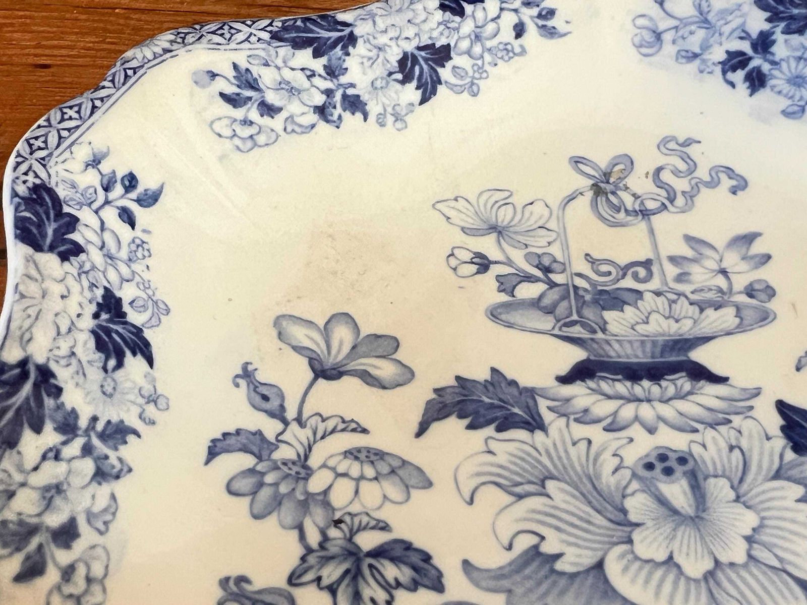 Antique Wedgwood Blue And White Plate, "Basket And Flowers" Pattern, 19th Century Transferware, Scalloped Chinoiserie Serving Dish photo furniture