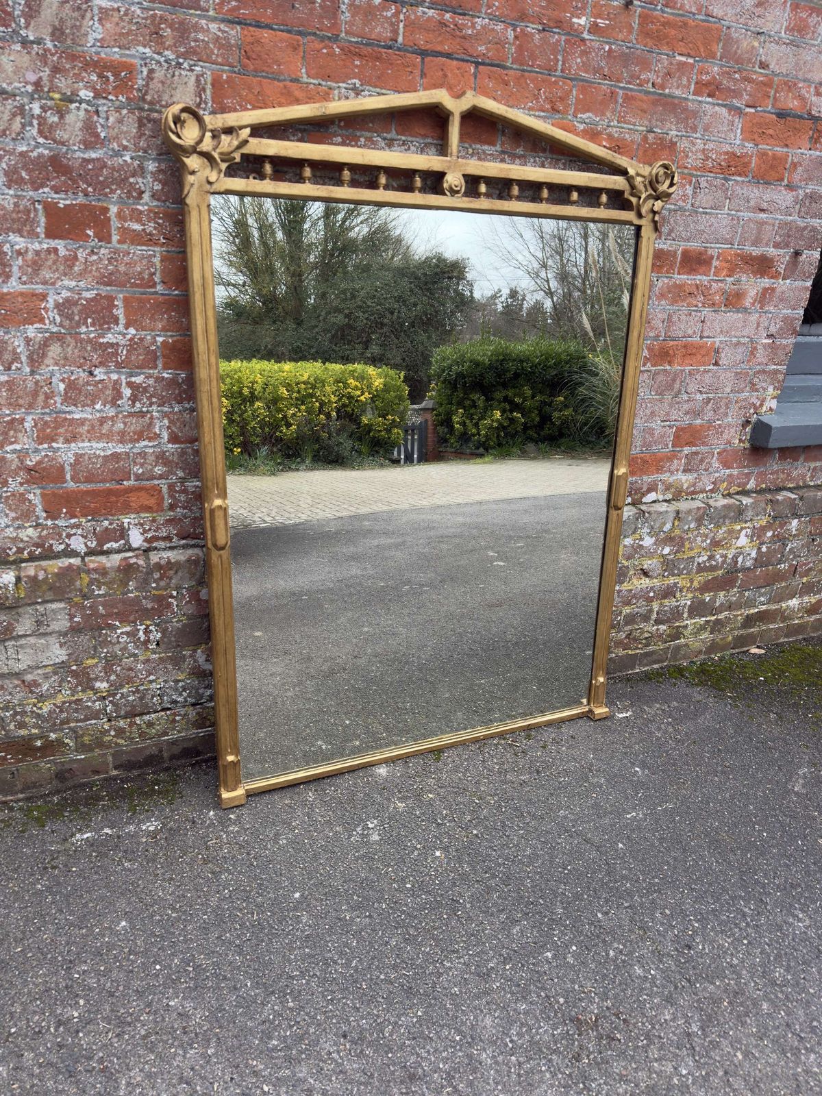 A Wonderful Large Antique English 19th C Carved Wood Shaped Top Gilt Overmantle Mirror.