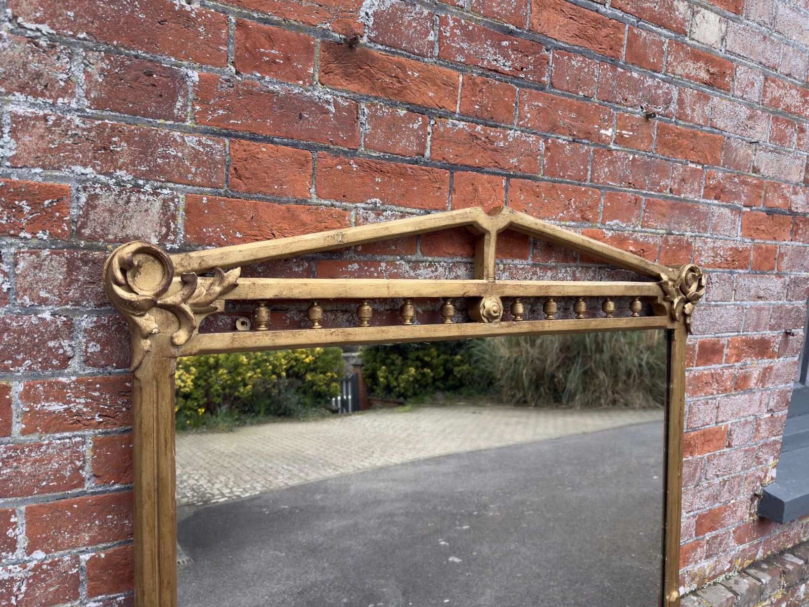 A Wonderful Large Antique English 19th C Carved Wood Shaped Top Gilt Overmantle Mirror. photo furniture