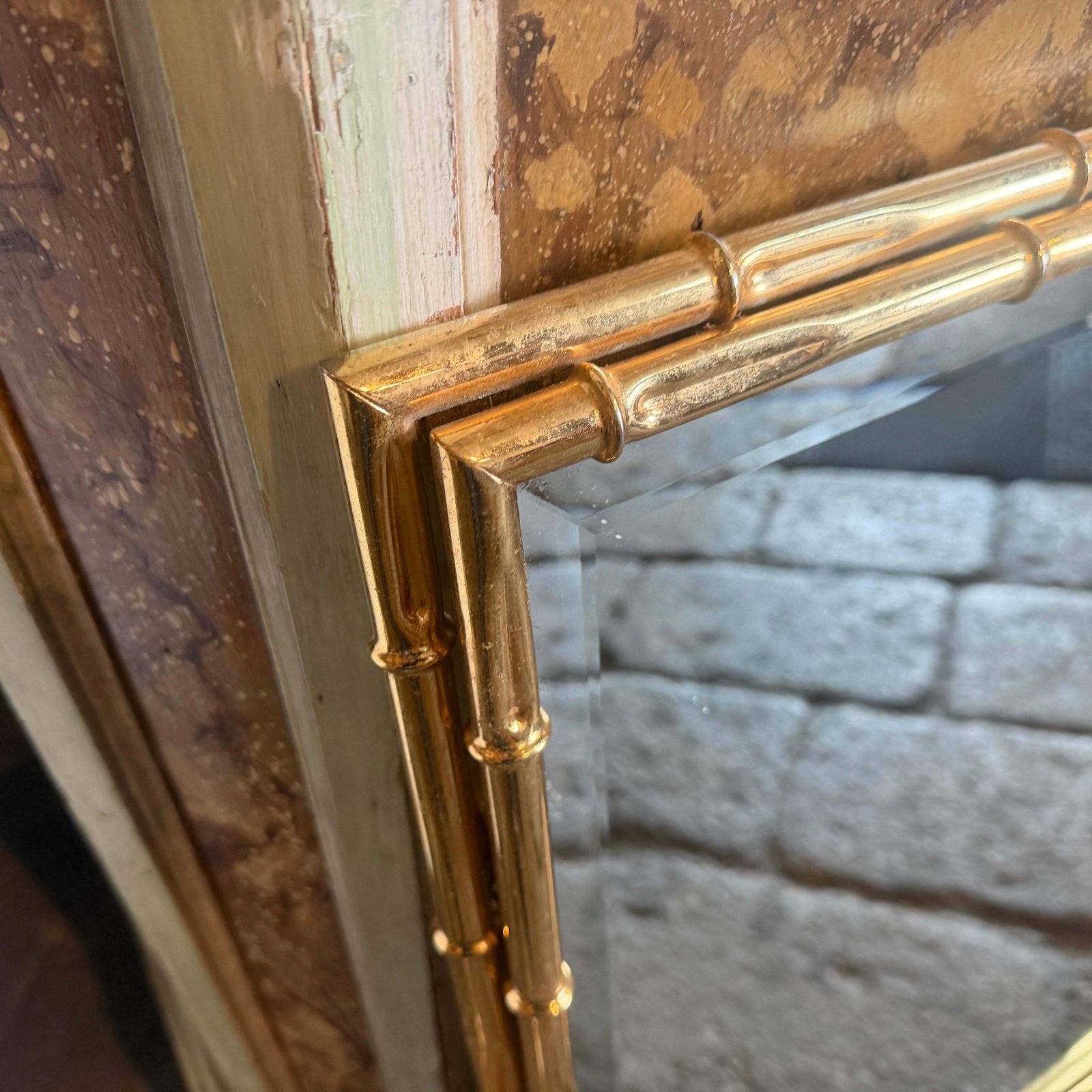 1970s Hollywood Regency Bamboo Shaped Brass Italian Wall Mirror photo for sale