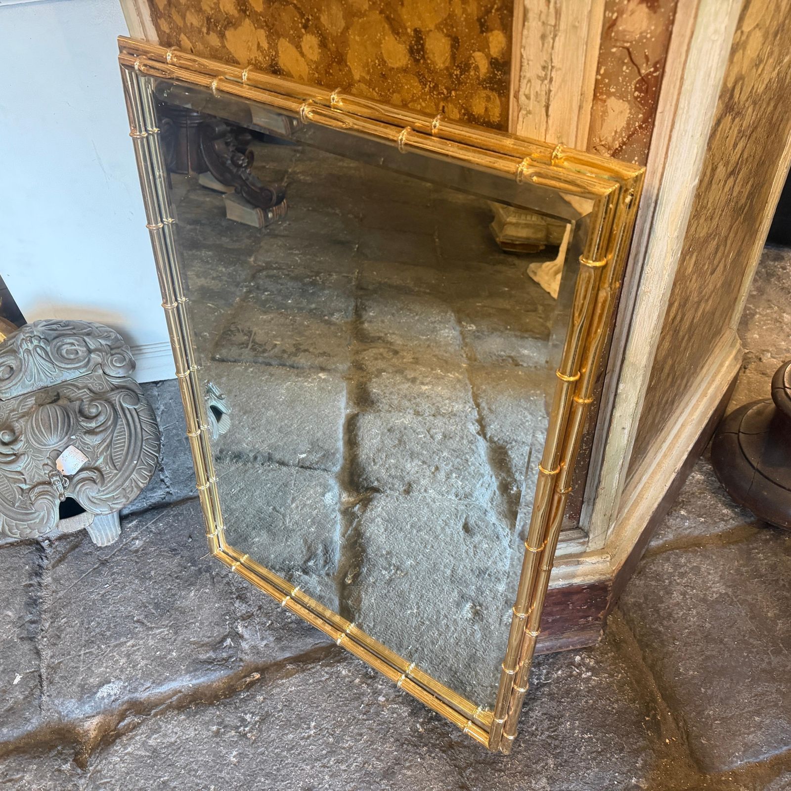 1970s Hollywood Regency Bamboo Shaped Brass Italian Wall Mirror photo vintage