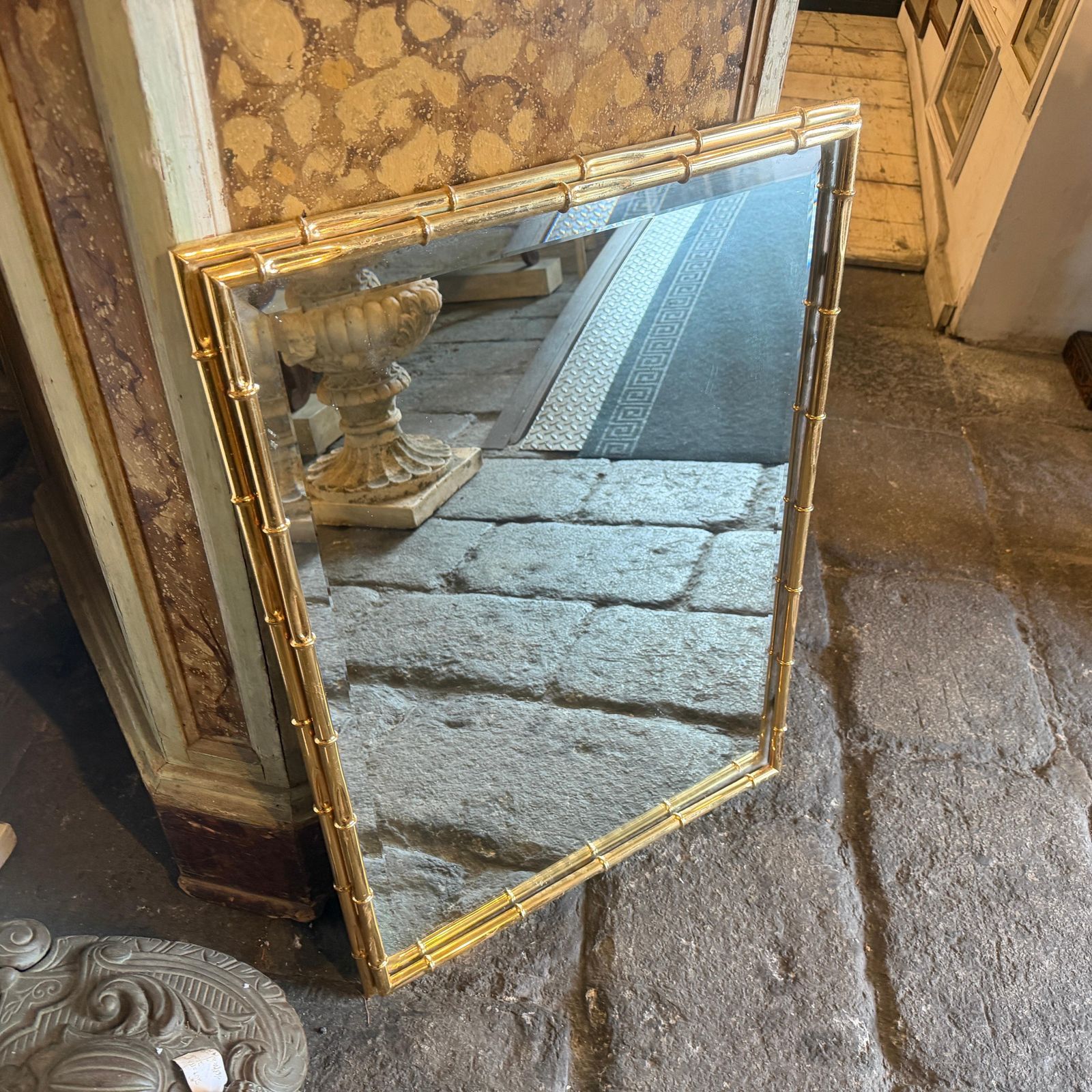 Home Decor 1970s Hollywood Regency Bamboo Shaped Brass Italian Wall Mirror photo