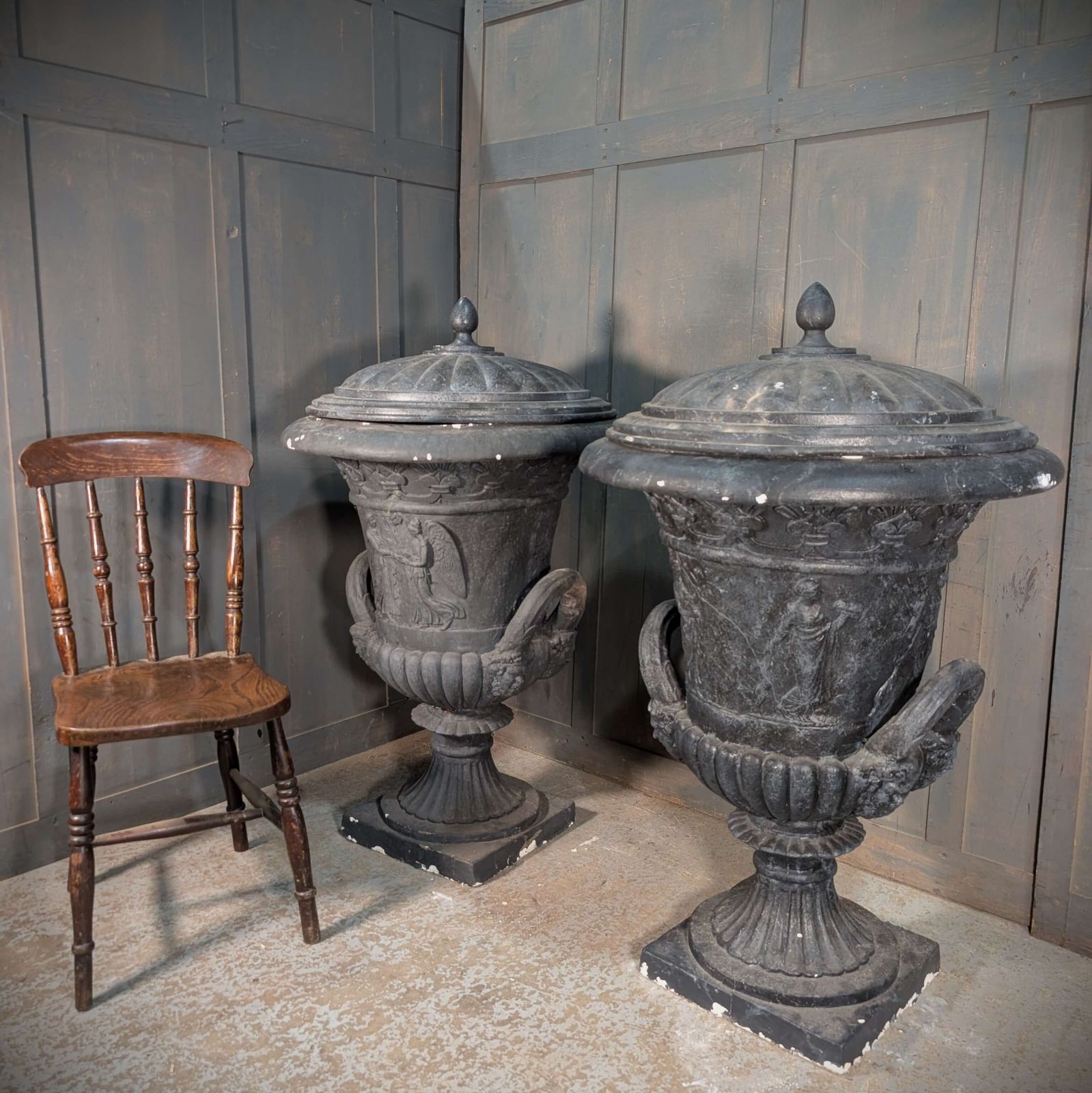 Extra Large Pair Of Composite Faux Cast Iron Campana Shaped Urns