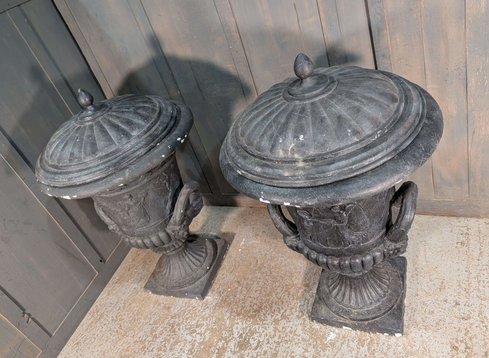 Extra Large Pair Of Composite Faux Cast Iron Campana Shaped Urns photo vintage