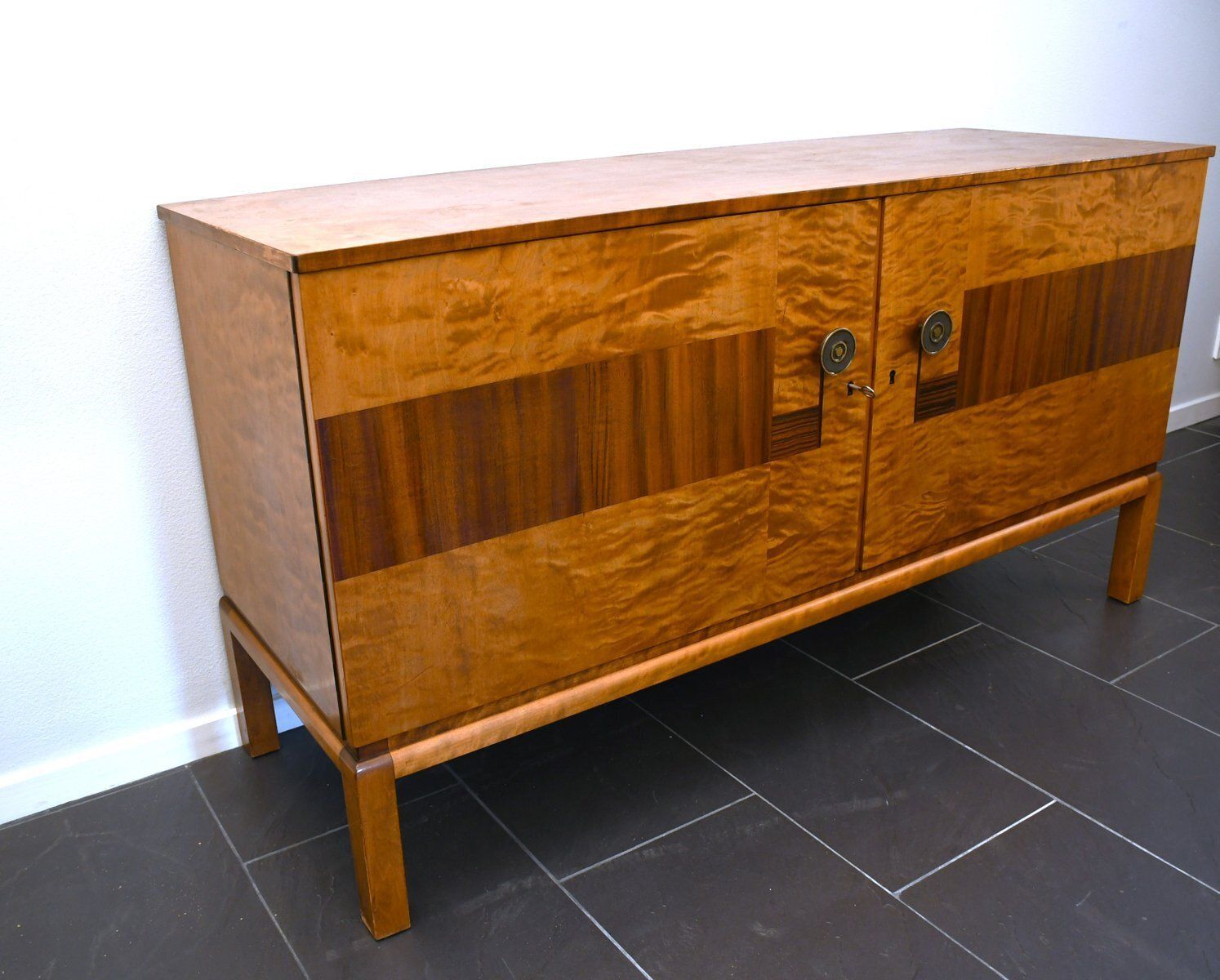 Rare Swedish Grace Flamed Birch And Macassar Sideboard By Svenska Möbelfabrikerna Smf, Late 1920s photo Furniture