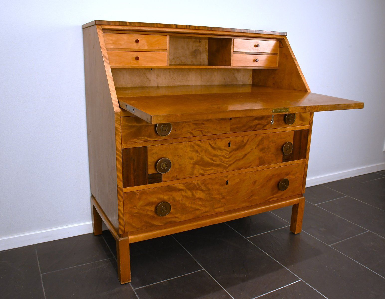 Swedish Grace Flamed Birch And Macassar Secretaire From Svenska Möbelfabrikerna, Late 1920s