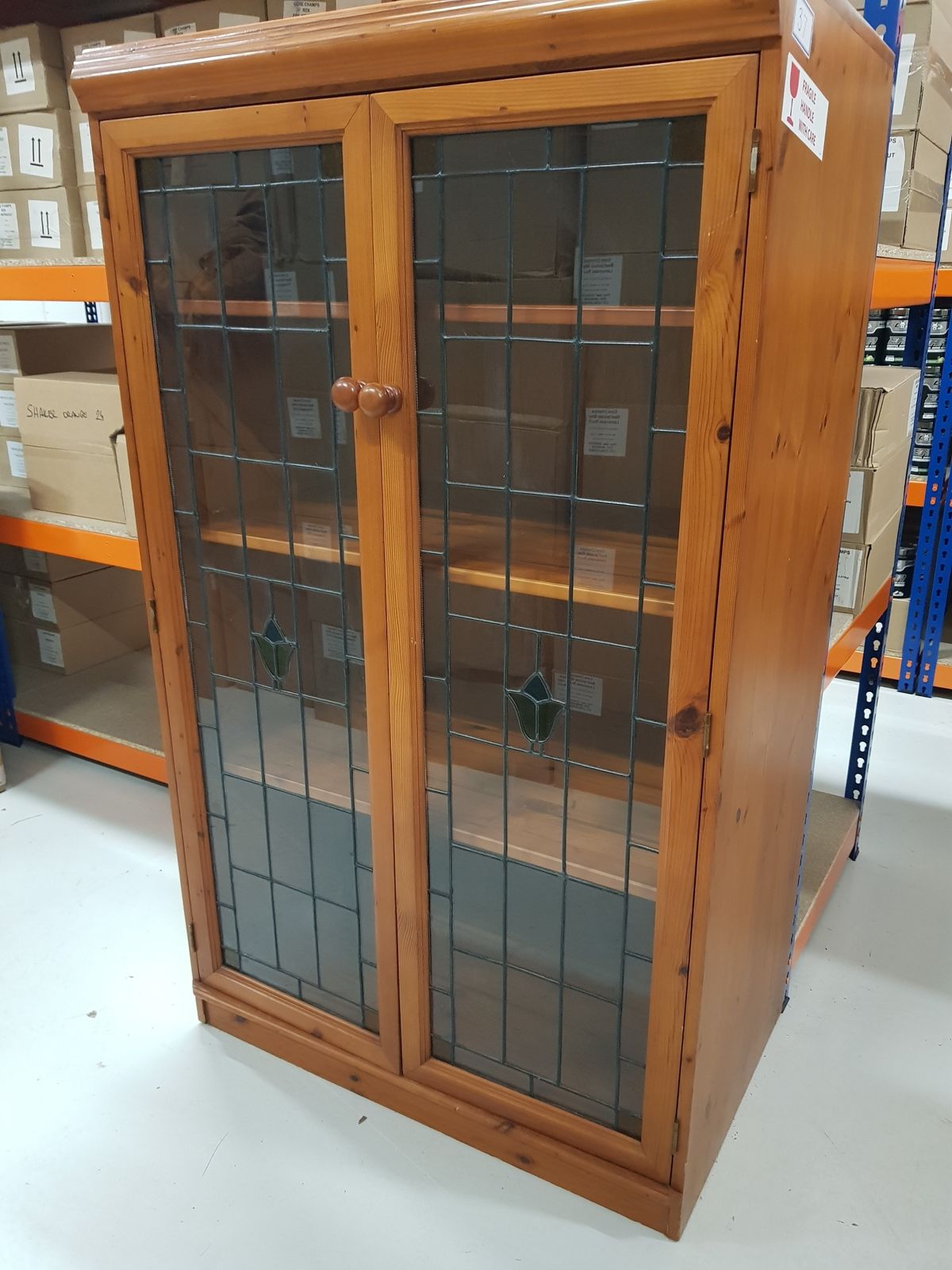 Sold Rose Wood Display Cabinet, With 'Leaded' Glass Doors And 3 Shevles