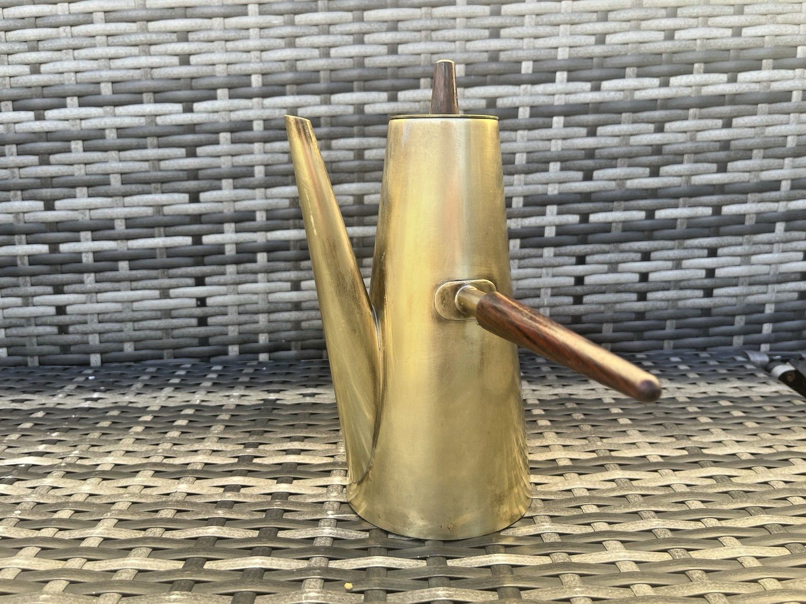 Mid Century Modern Italian Designer Brass Teak Coffee Pot Italy Cafe Bar Display photo 95.0