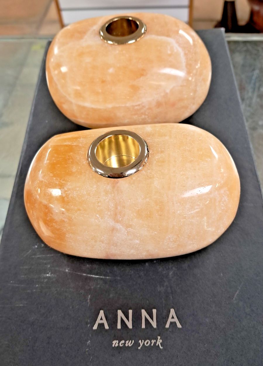Anna New York By Rablabs Pair Of Peach Coloured Quartz Candleholders