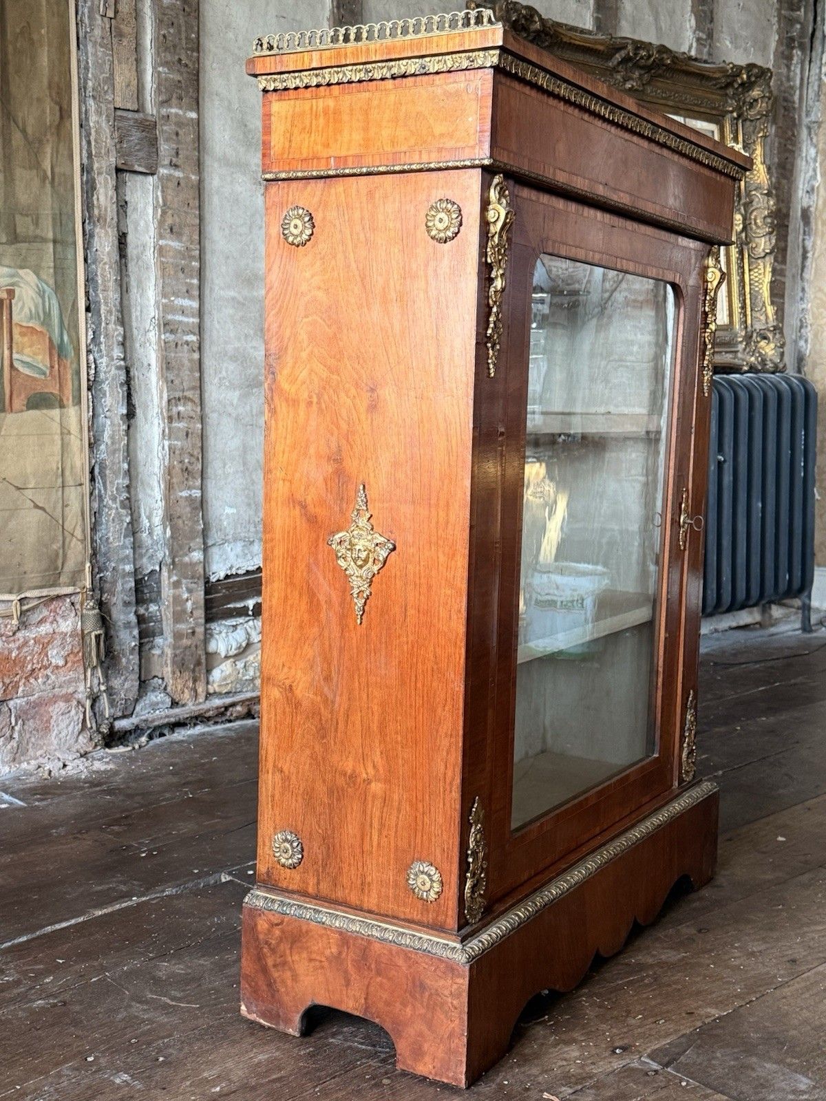 Exceptional Antique Walnut Glass English Pier Ormolu Cabinet W/ Gallery 1870 photo Furniture