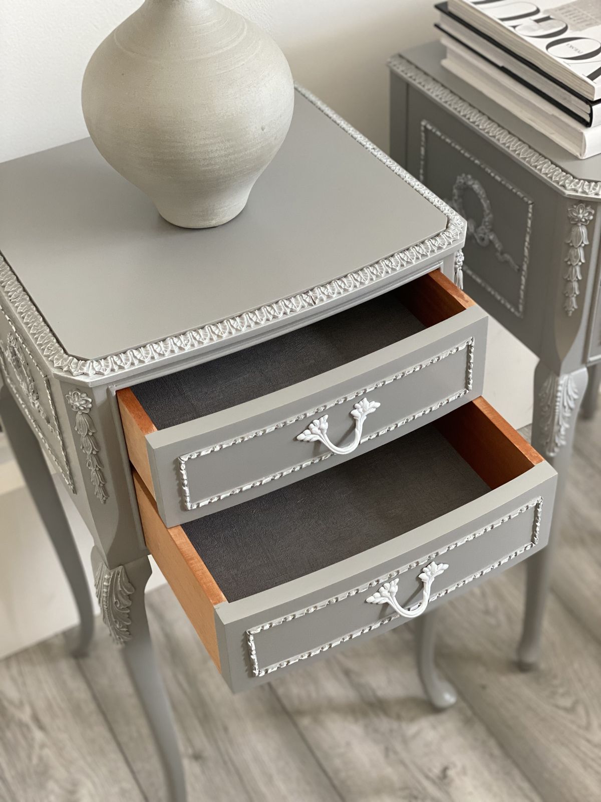 French Louis Olympus Style Bedside Table  Cabinets  Grey Painted In Fusion Mineral Paint photo vinterior