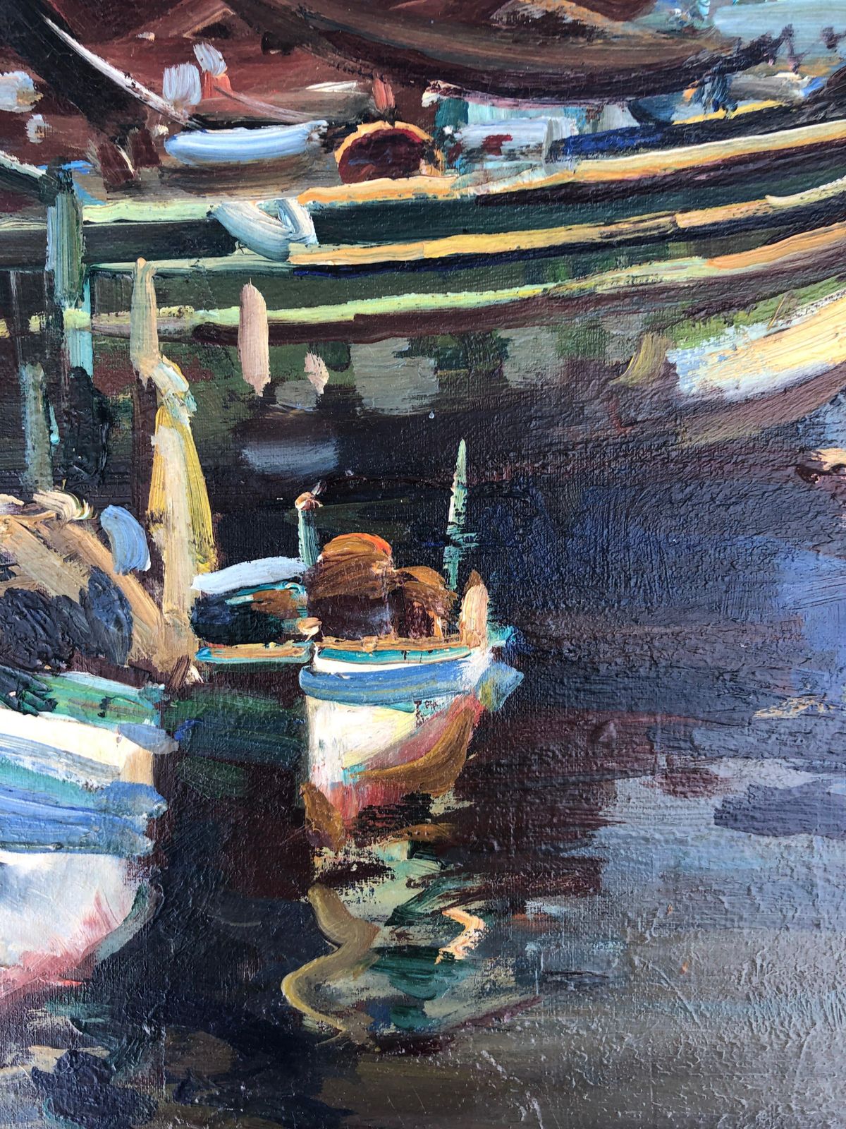Josep Serrasanta Seascape Of A Spanish Fishing Port, Original Oil Painting On Canvas C.1990 photo Art