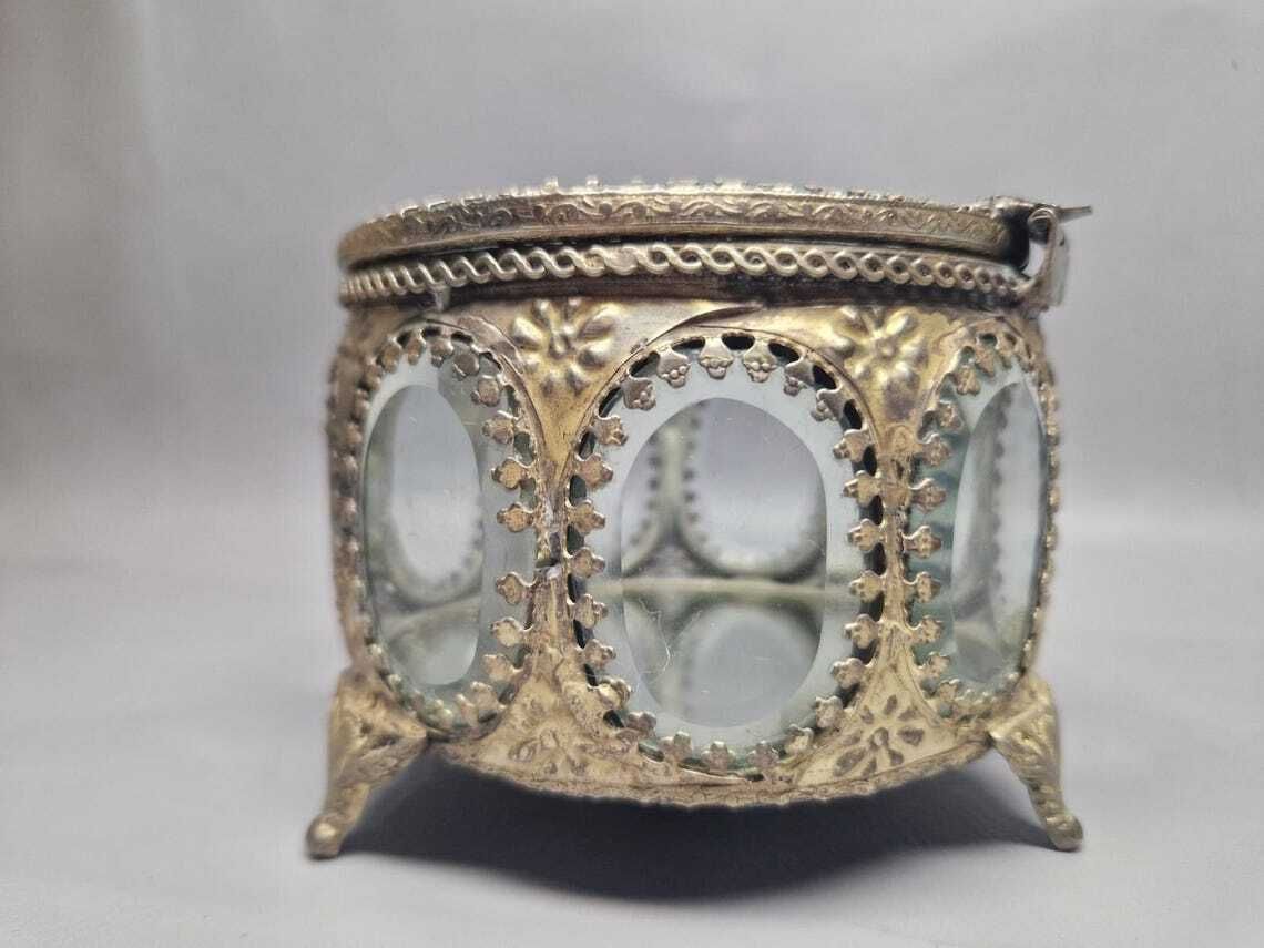 Antique French Beveled Glass Jewellery / Ormolu Casket Box Ornate photo Home Decor