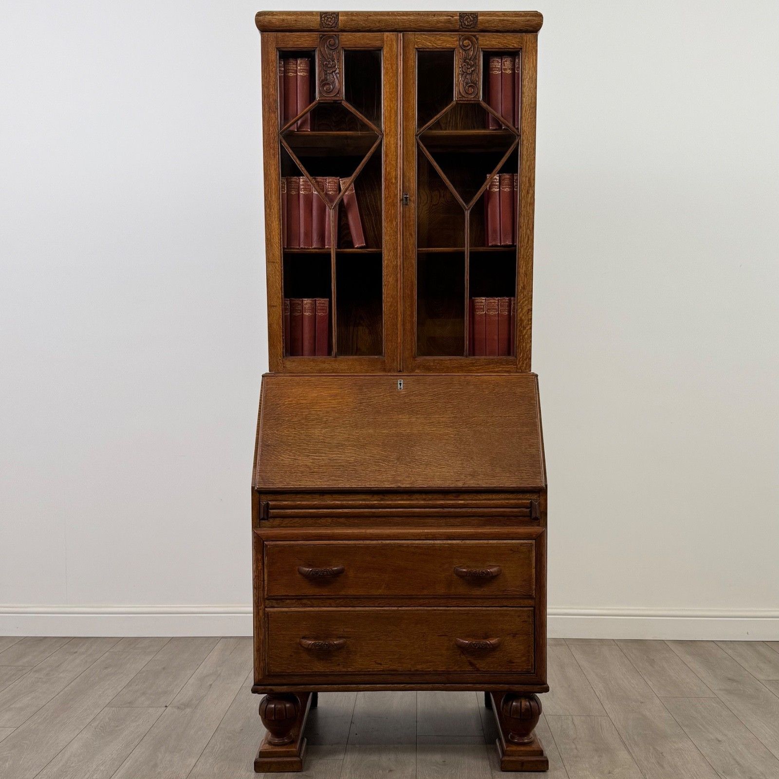 Antique 20th Century Art Deco Golden Oak Bureau Bookcase ( Af 5245 )