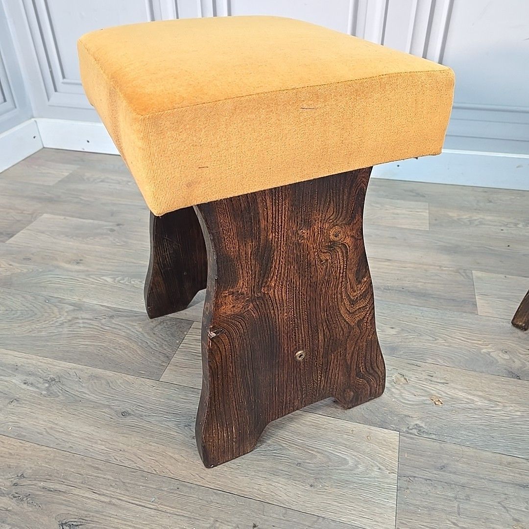photo furniture Pair Vintage Oak Stools Upholstered Wooden Seats Rustic Pub Home Bar Mancave