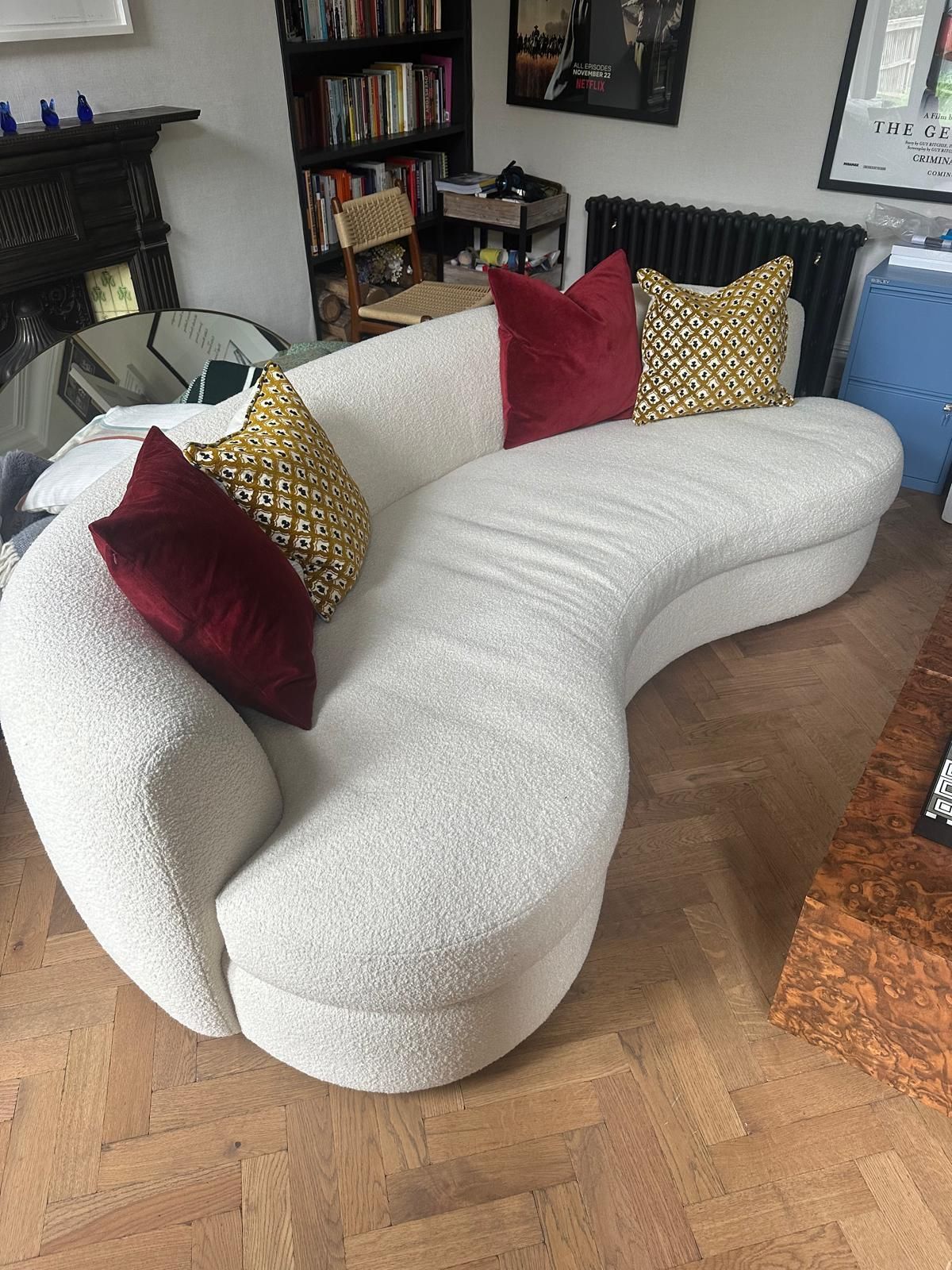 Handmade Sedilia Sennen Curved Sofa, Ismay Bouclé Parchment, Black Walnut Natural Oil Base photo Furniture