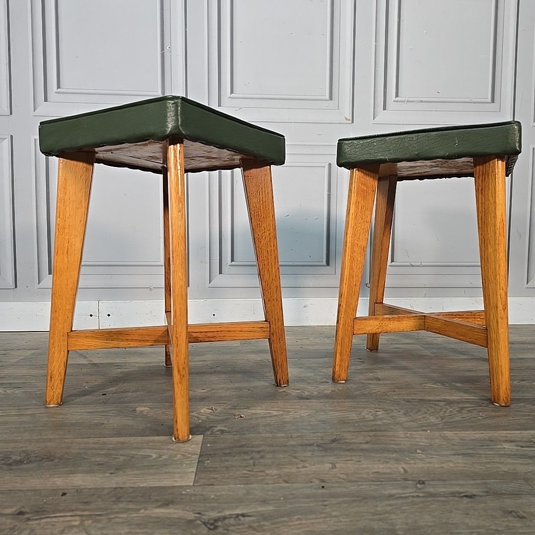 Pair Mid Century Stools Maple & Co Solid Beech Green Vinyl Seats Pub Bar photo furniture