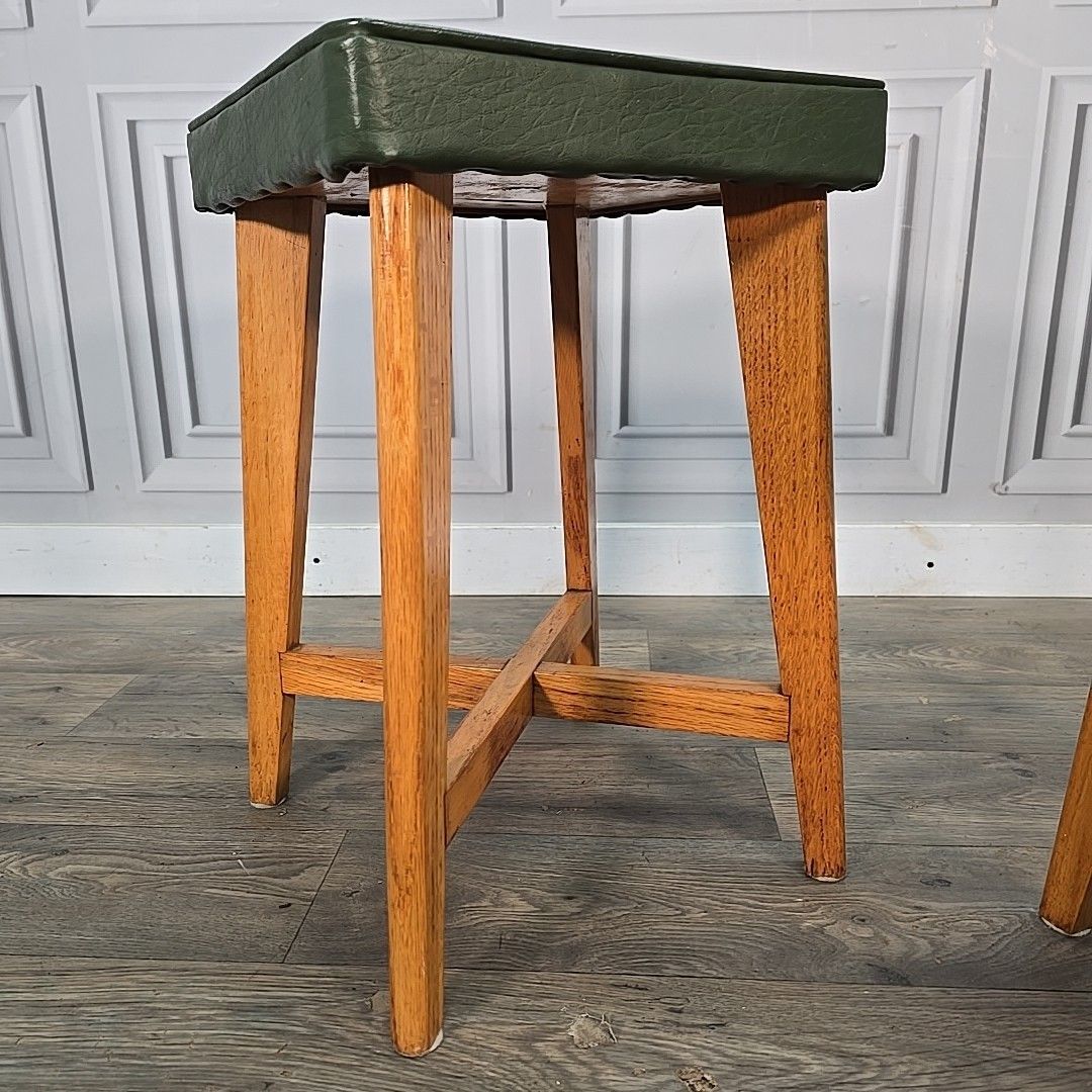 Pair Mid Century Stools Maple & Co Solid Beech Green Vinyl Seats Pub Bar photo vintage