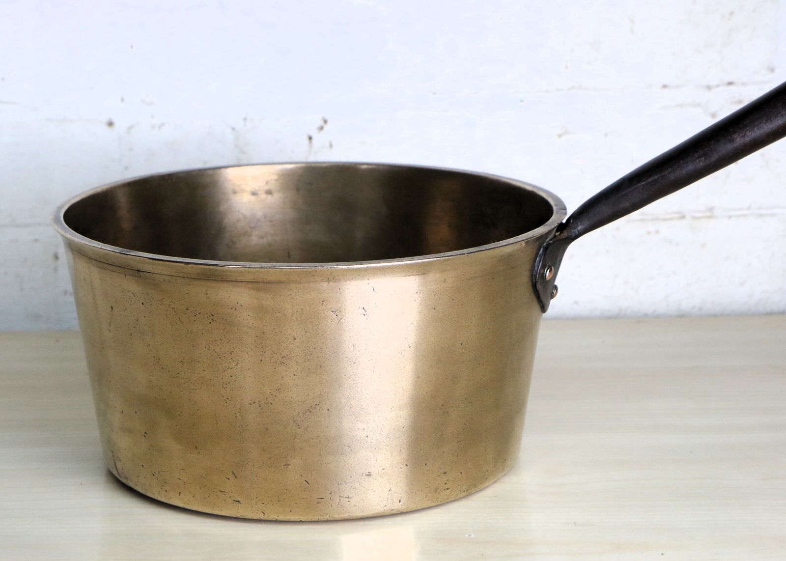 Large Antique Brass Gypsy Saucepan Well Made  And Heavy Great Fireplace Kindling Bin Store photo furniture