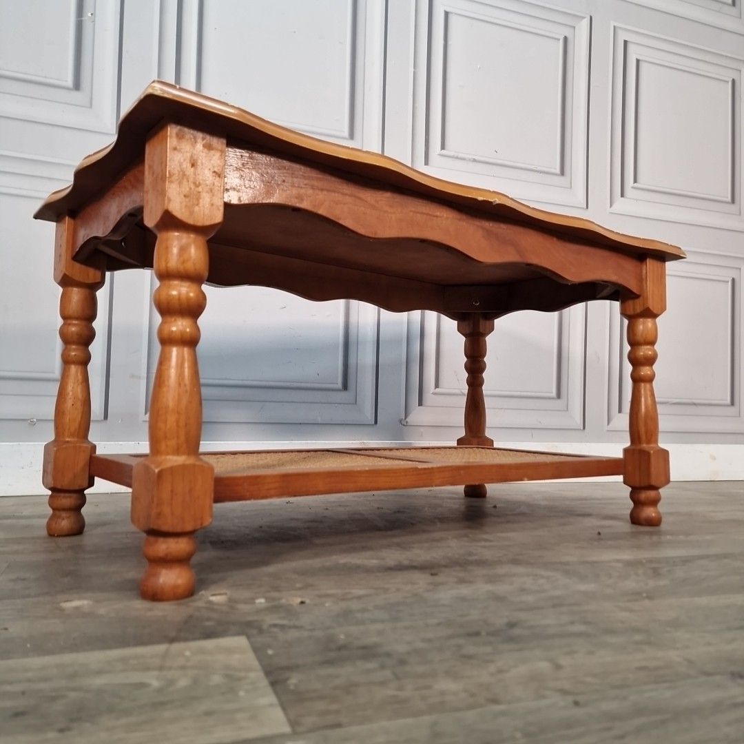 Vintage Coffee Table Wood And Cane Lower Shelf Retro Farmhouse Country