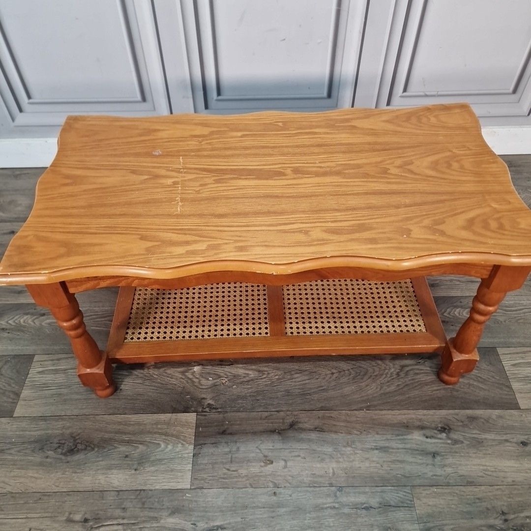 Vintage Coffee Table Wood And Cane Lower Shelf Retro Farmhouse Country photo Furniture