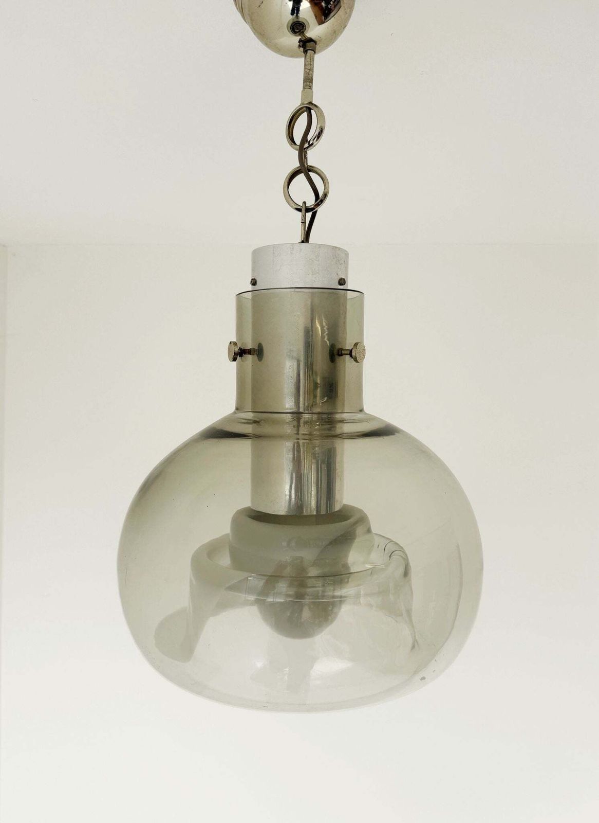 Smoked Glass Pendant Lamp With Internal Opaline Decoration – Italy, 1970s