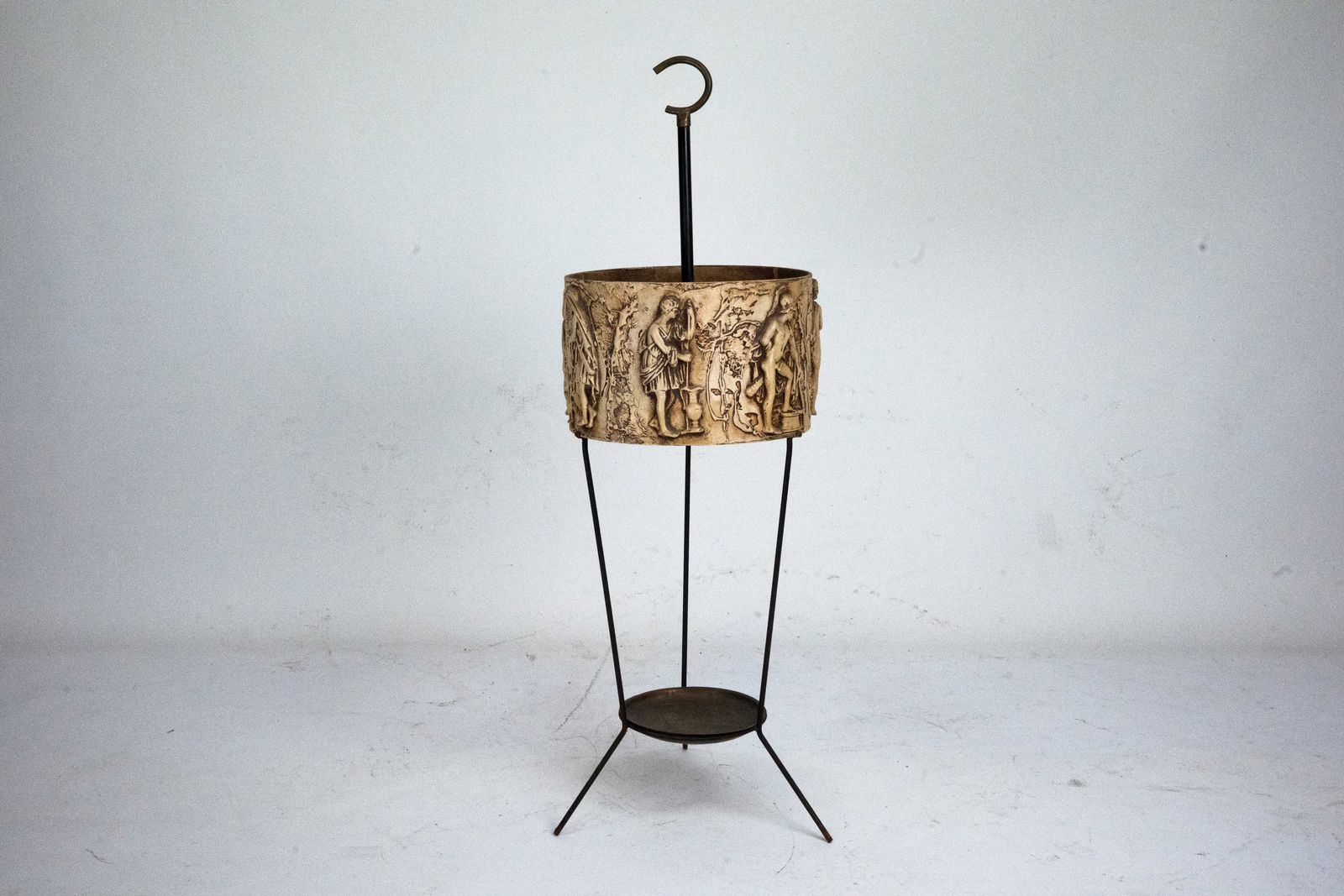 Mid Century Umbrella Stand In Iron And Brass With Neoclassical Relief, Italy 1950s