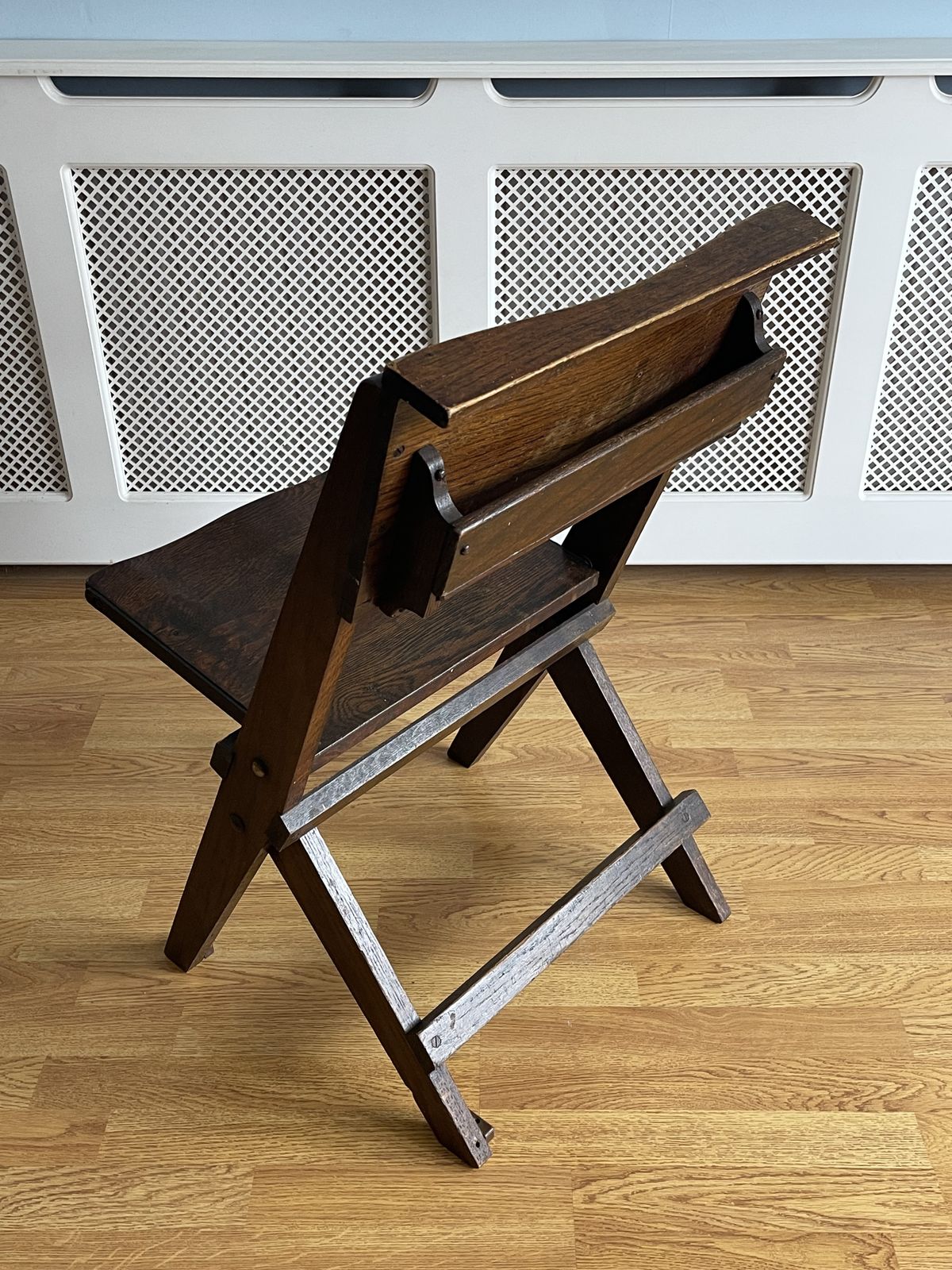 photo for sale Antique Oak Chapel Folding Chairs By The Bennett Furnishing Co. Ltd